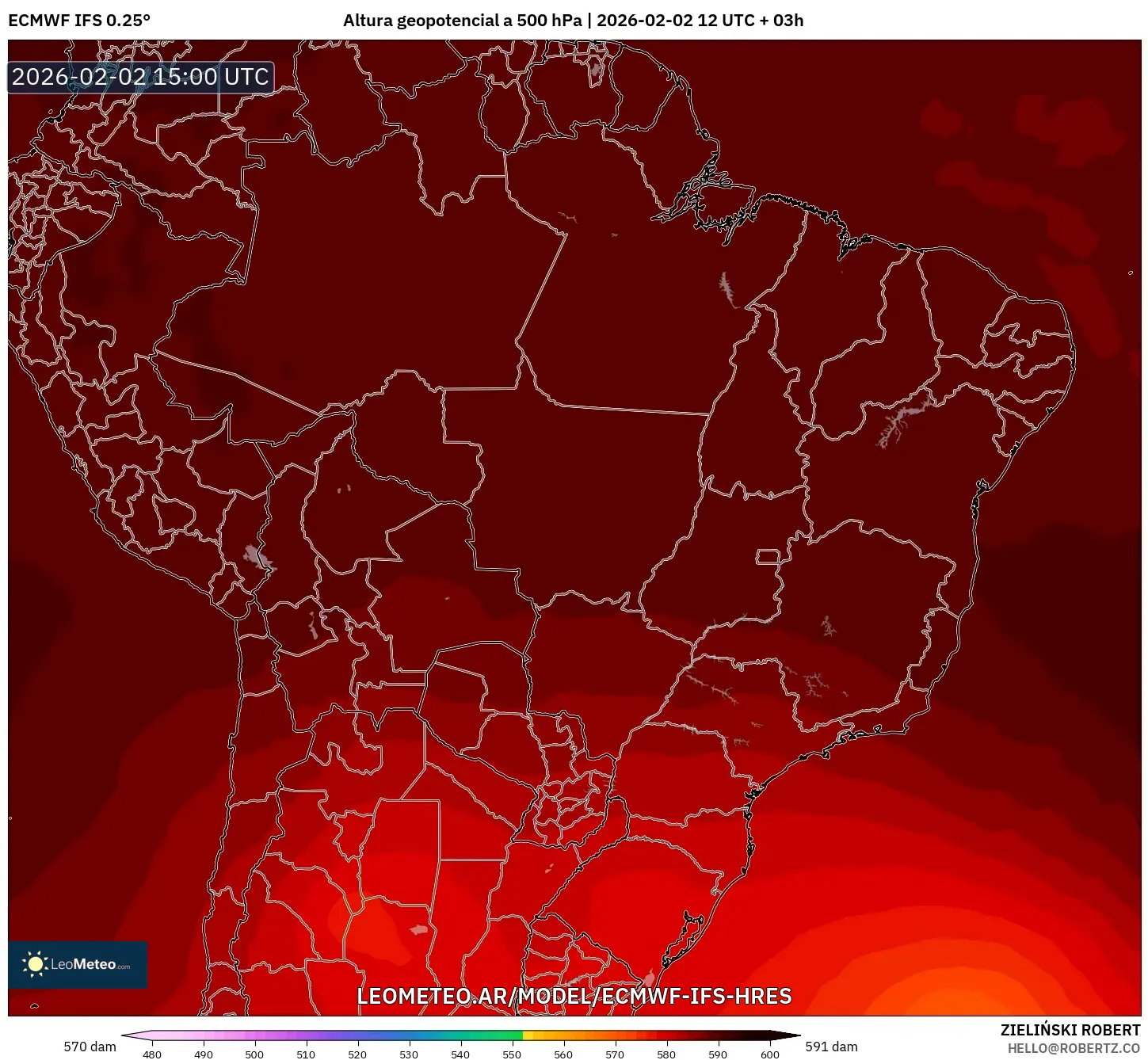 ECMWF IFS 0.25° model - Brasil, Altura geopotencial a 500 hPa