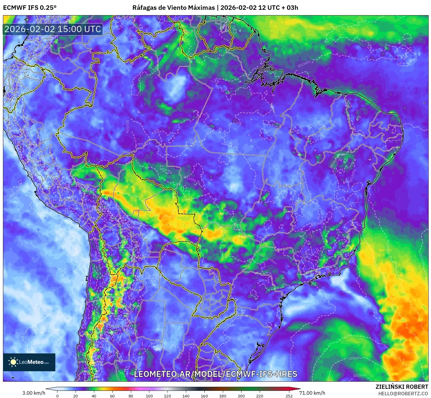 ECMWF IFS 0.25° model - Brasil, Ráfagas de Viento Máximas
