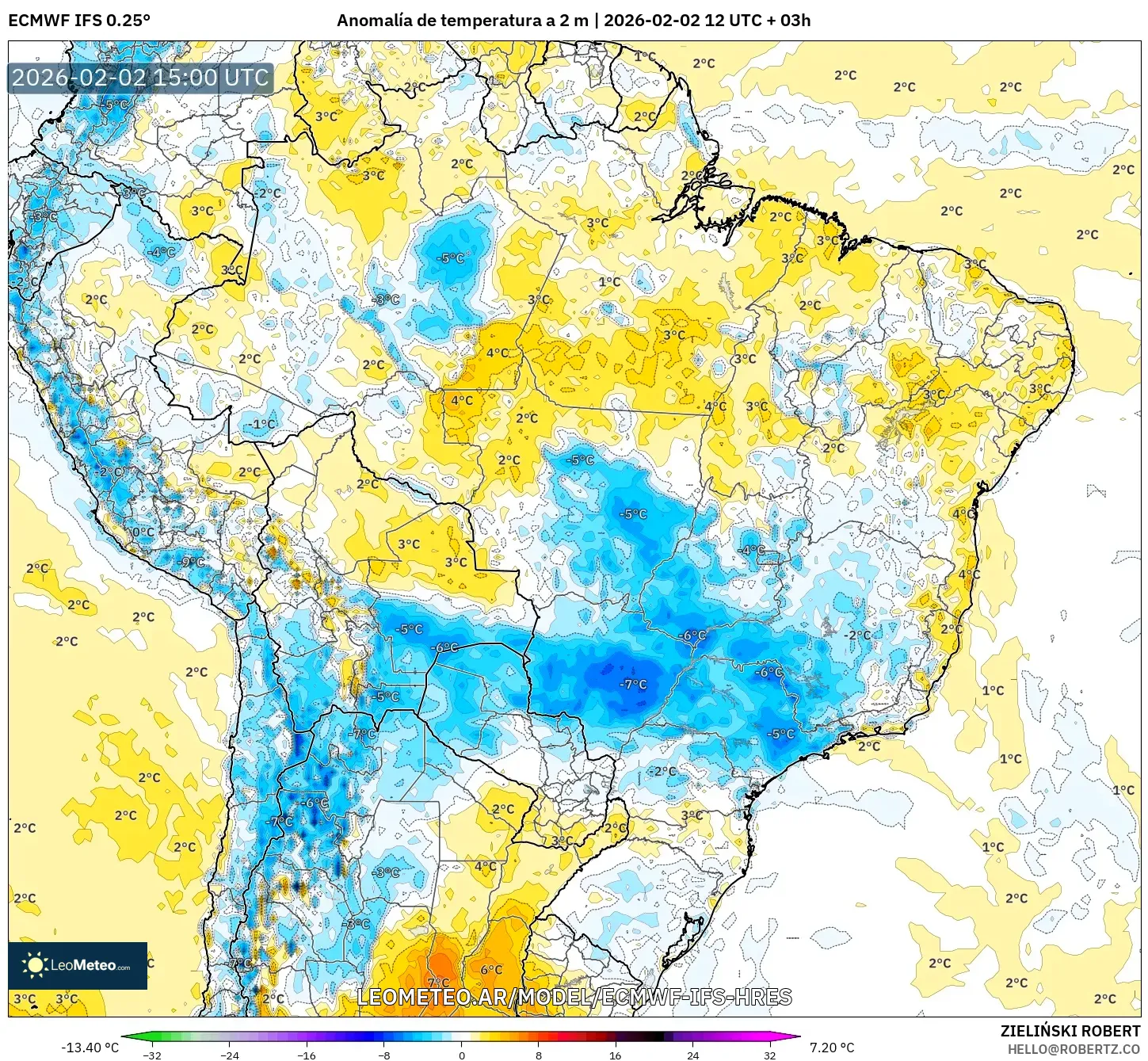 ECMWF IFS 0.25° model - Brasil, Anomalía de temperatura a 2 m