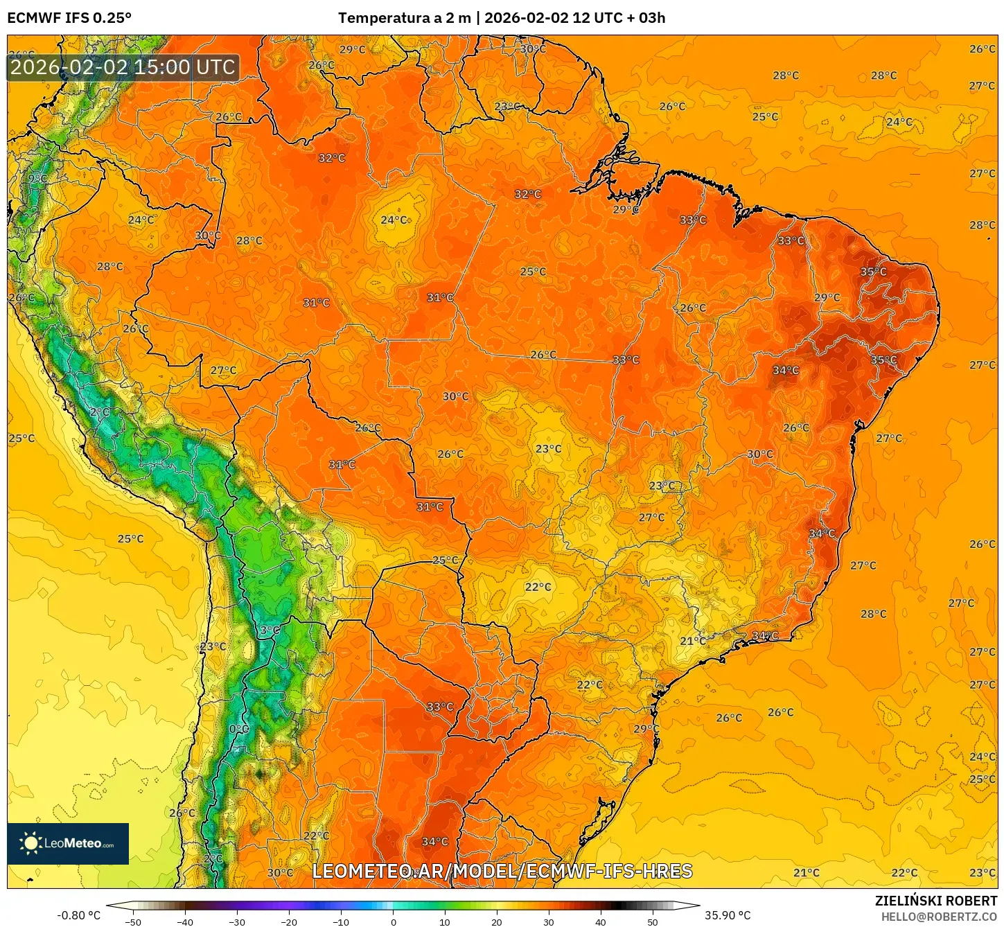 ECMWF IFS 0.25° model - Brasil, Temperatura a 2 m