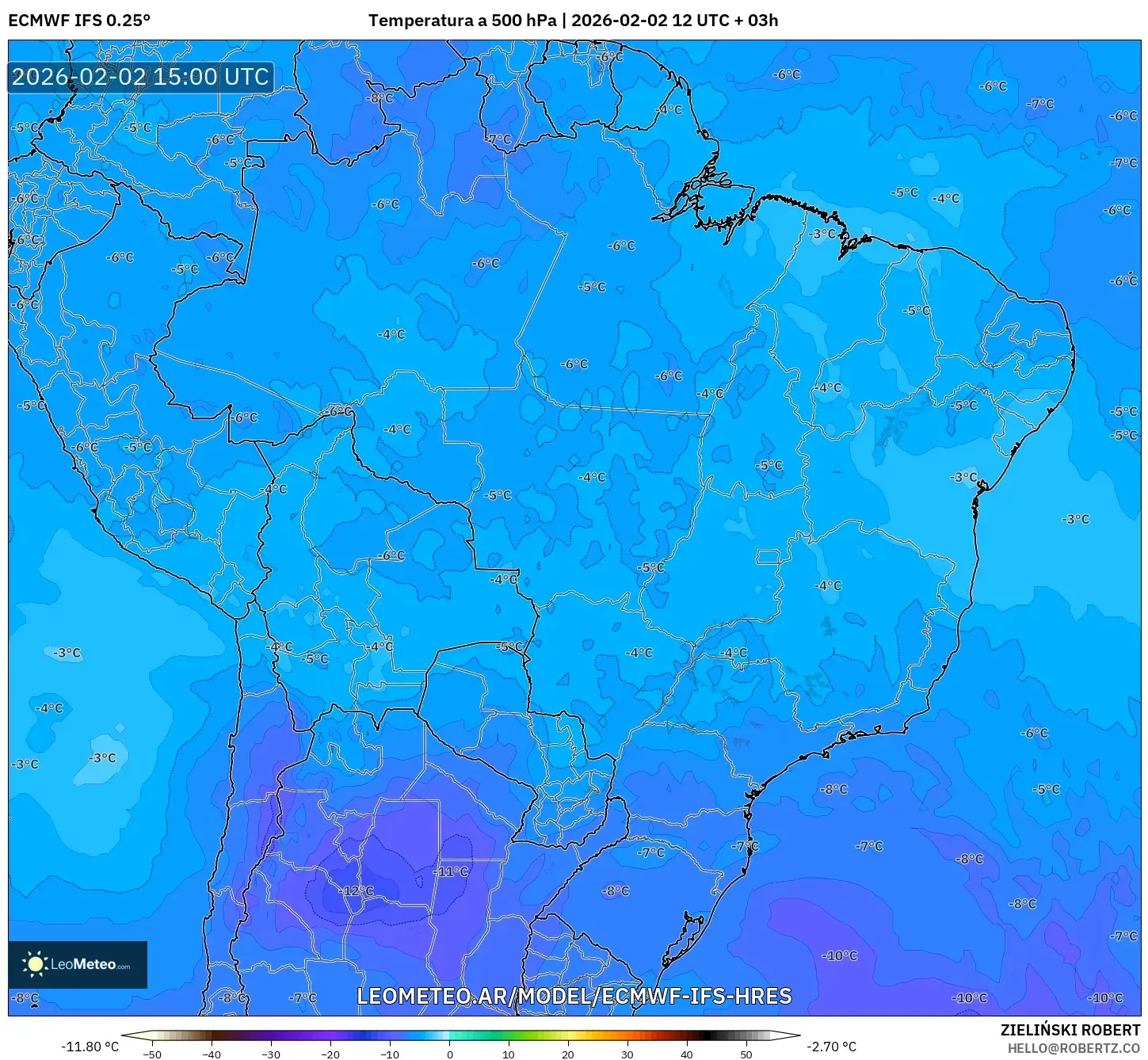 ECMWF IFS 0.25° model - Brasil, Temperatura a 500 hPa