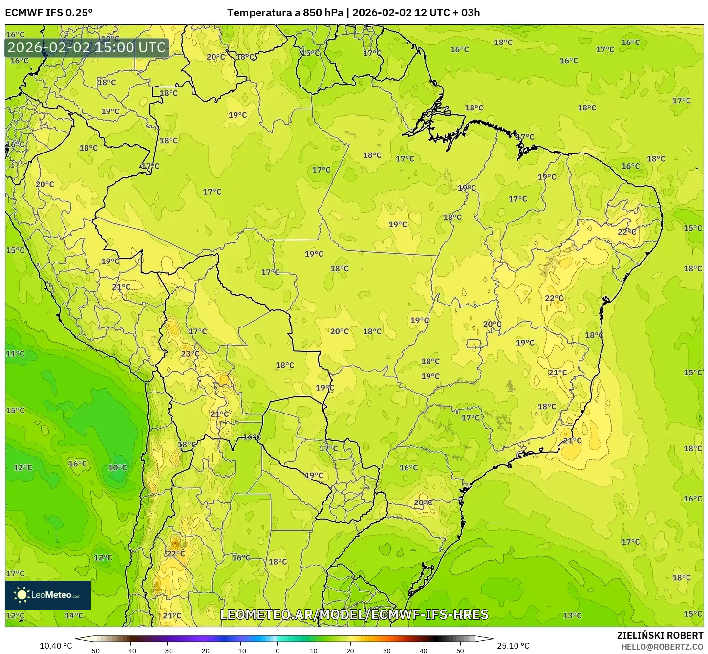 ECMWF IFS 0.25° model - Brasil, Temperatura a 850 hPa
