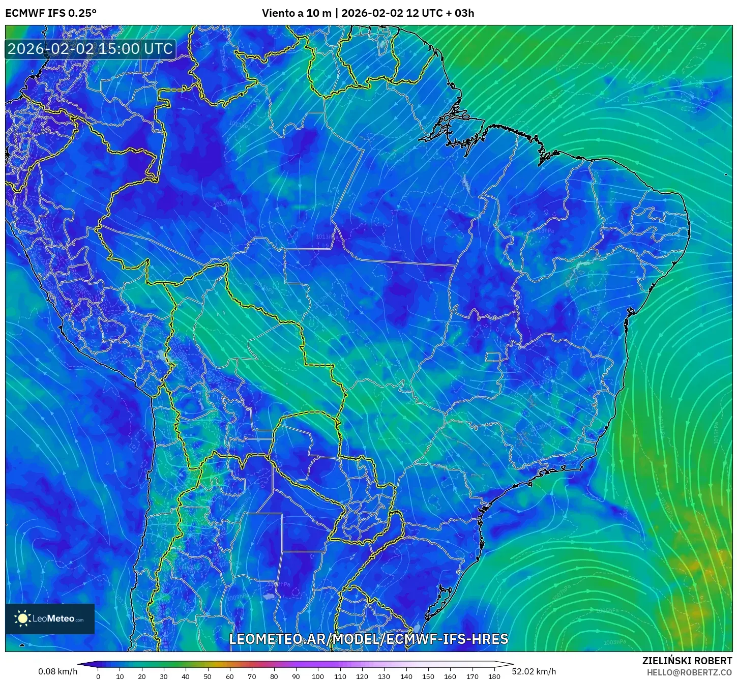 ECMWF IFS 0.25° model - Brasil, Viento a 10 m
