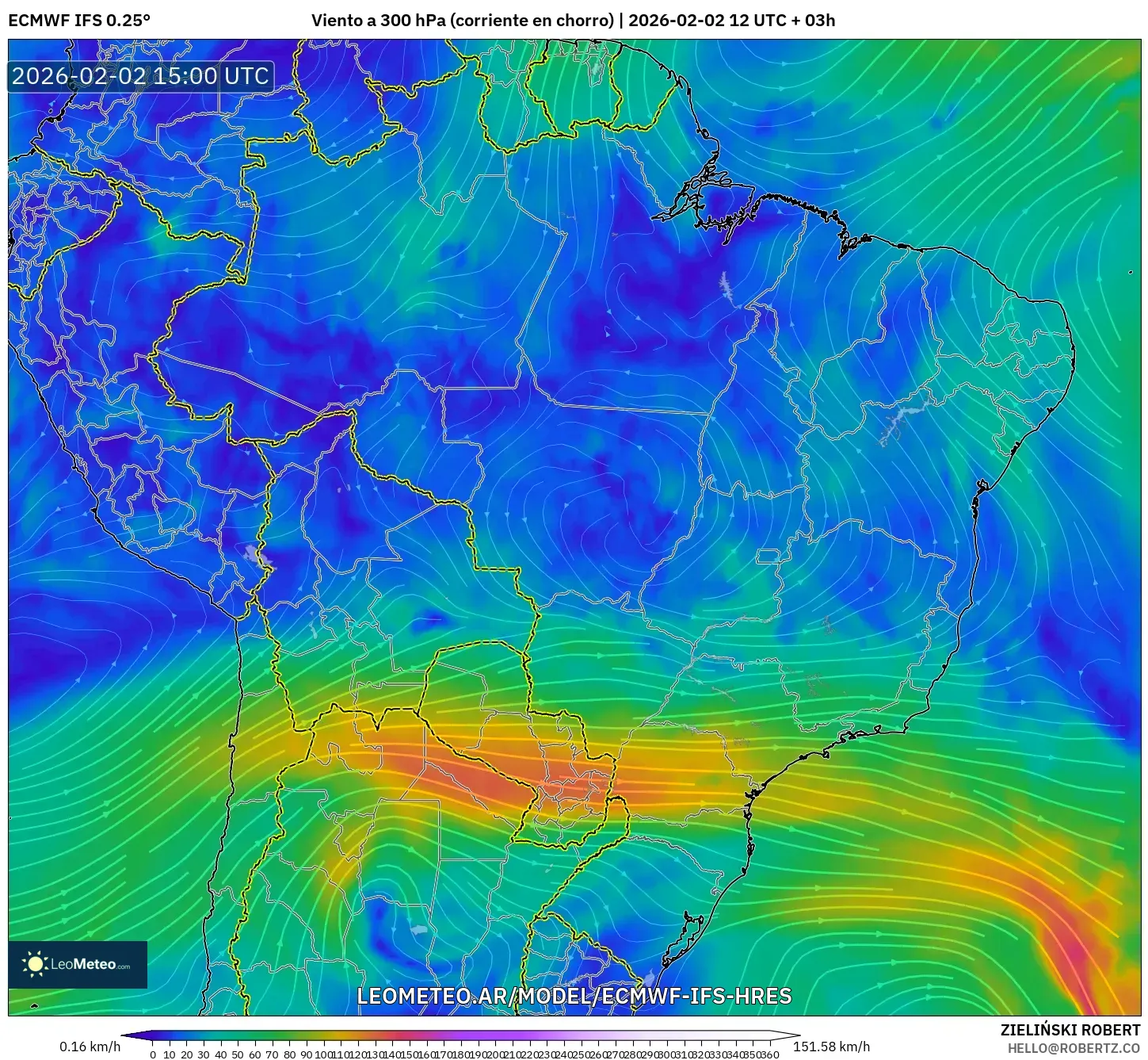 ECMWF IFS 0.25° model - Brasil, Viento a 300 hPa (corriente en chorro)