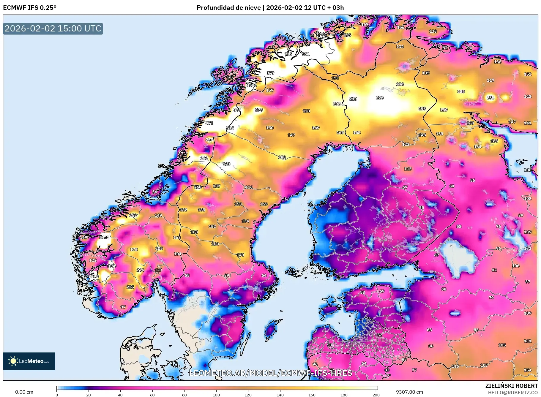 ECMWF IFS 0.25° model - Escandinavia, Profundidad de nieve