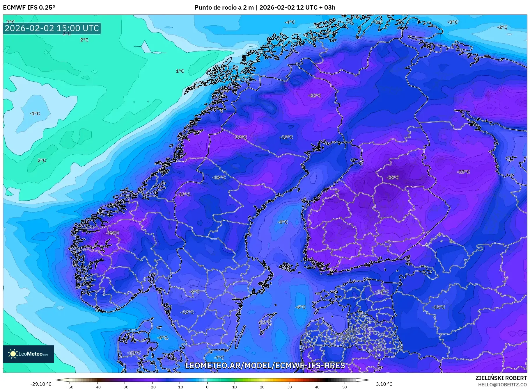 ECMWF IFS 0.25° model - Escandinavia, Punto de rocío a 2 m