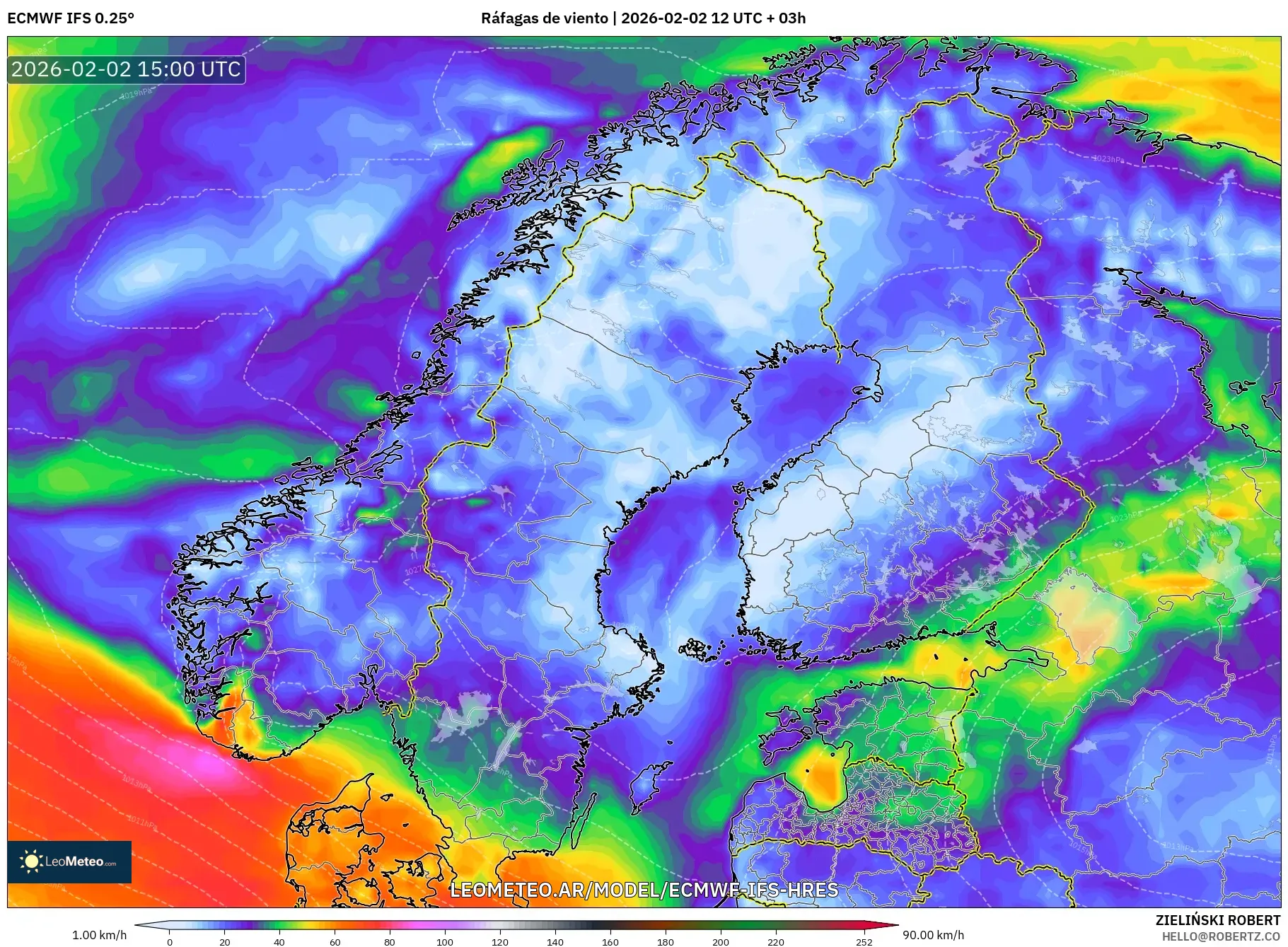 ECMWF IFS 0.25° model - Escandinavia, Ráfagas de viento