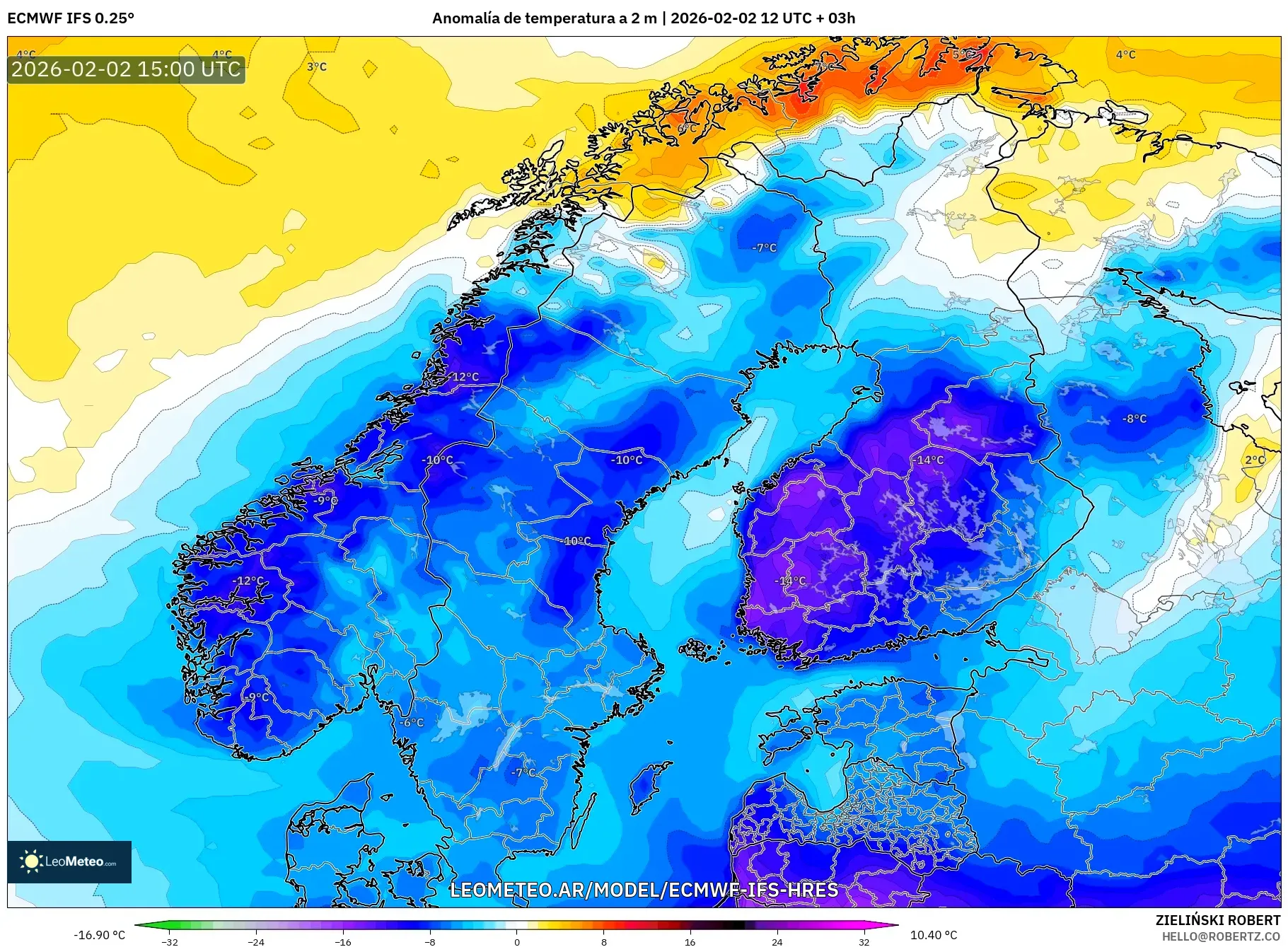 ECMWF IFS 0.25° model - Escandinavia, Anomalía de temperatura a 2 m