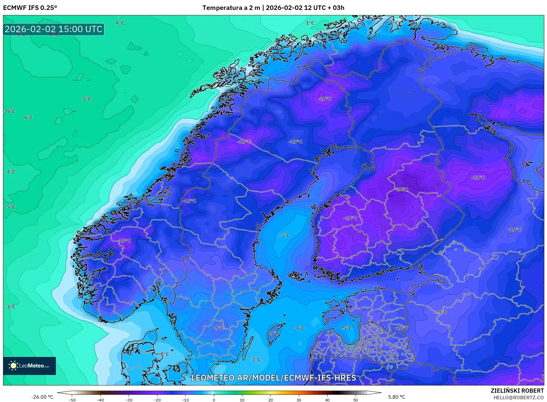 ECMWF IFS 0.25° model - Escandinavia, Temperatura a 2 m