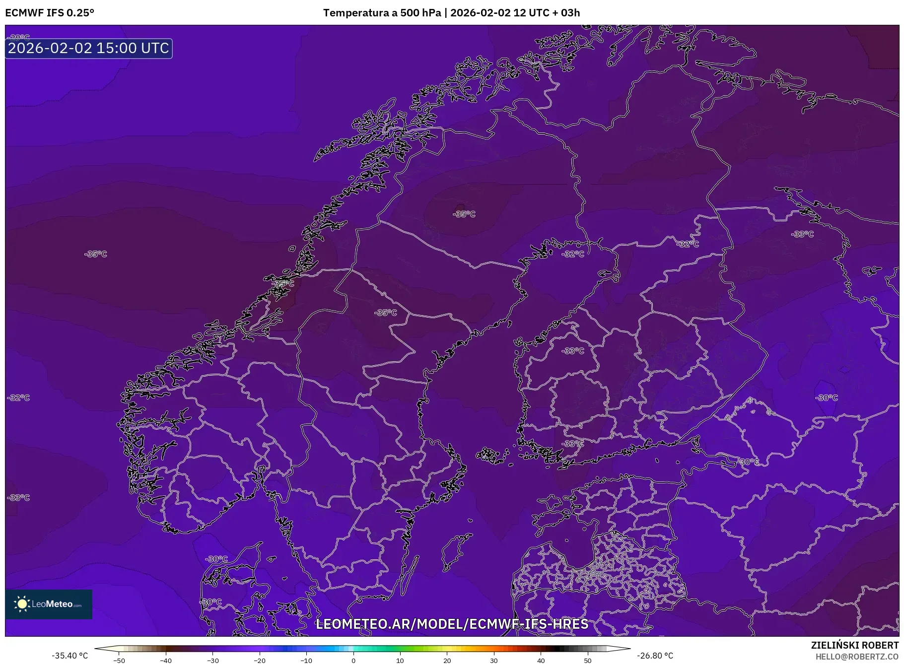 ECMWF IFS 0.25° model - Escandinavia, Temperatura a 500 hPa