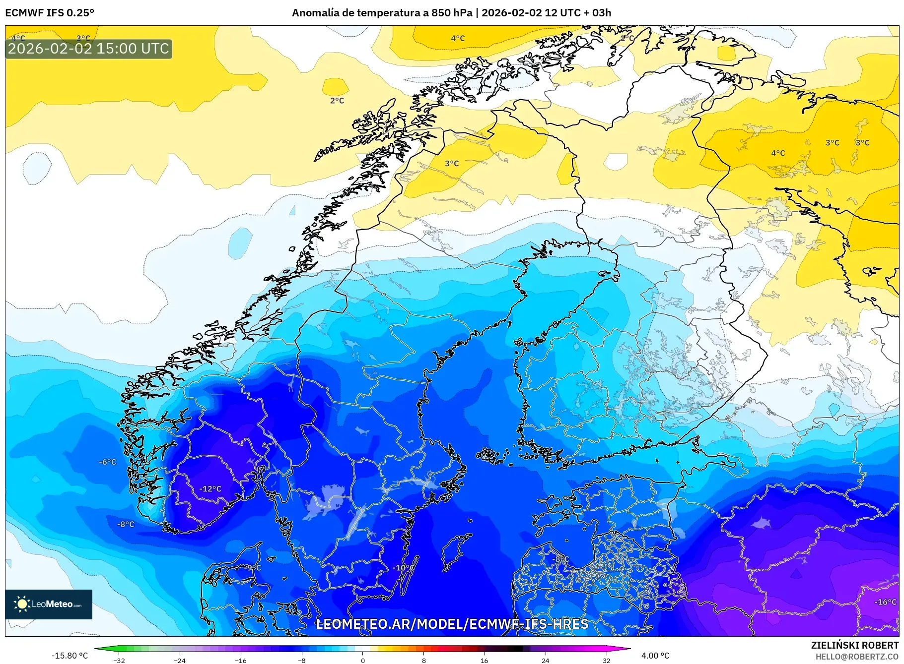 ECMWF IFS 0.25° model - Escandinavia, Anomalía de temperatura a 850 hPa