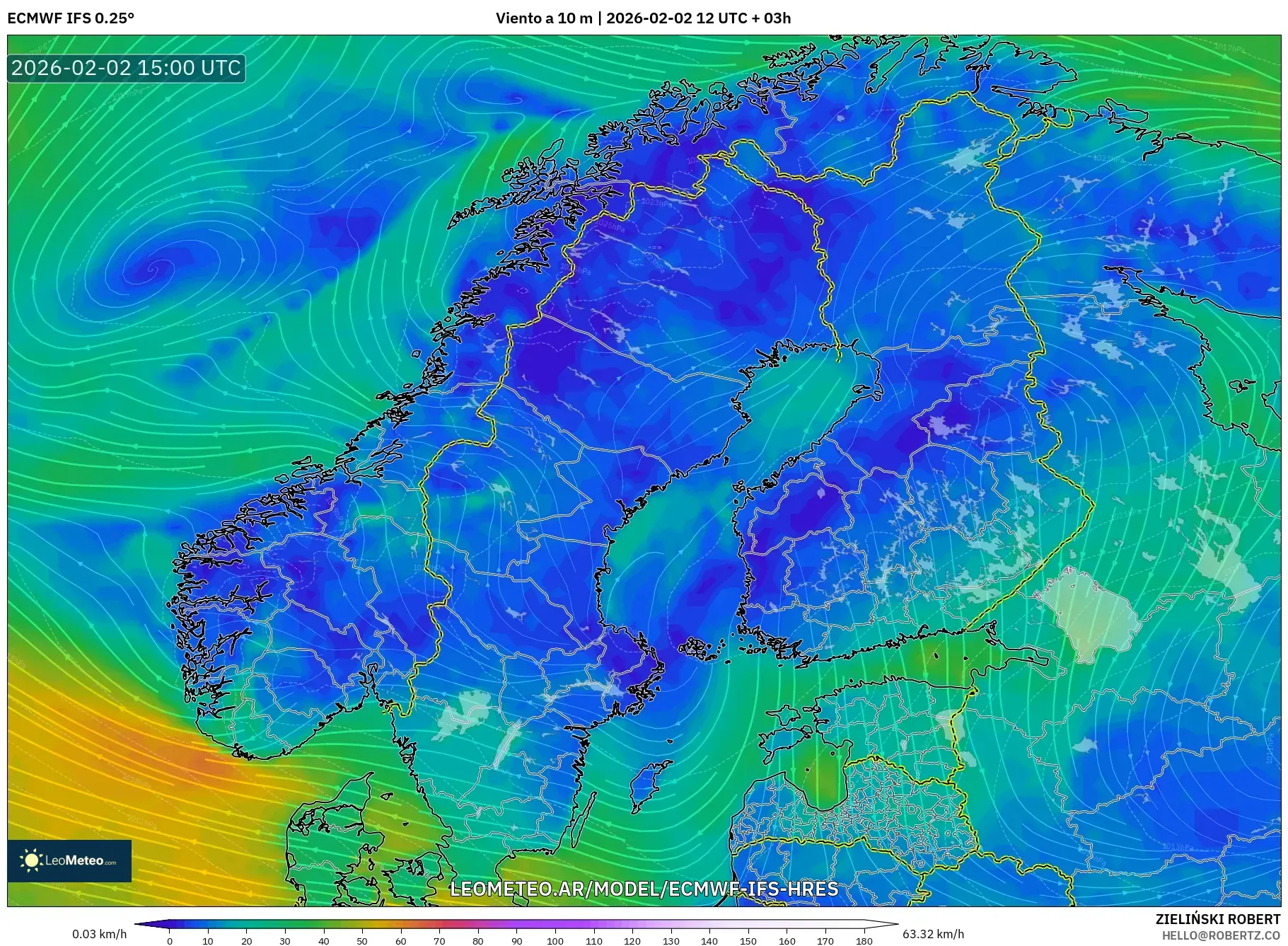 ECMWF IFS 0.25° model - Escandinavia, Viento a 10 m