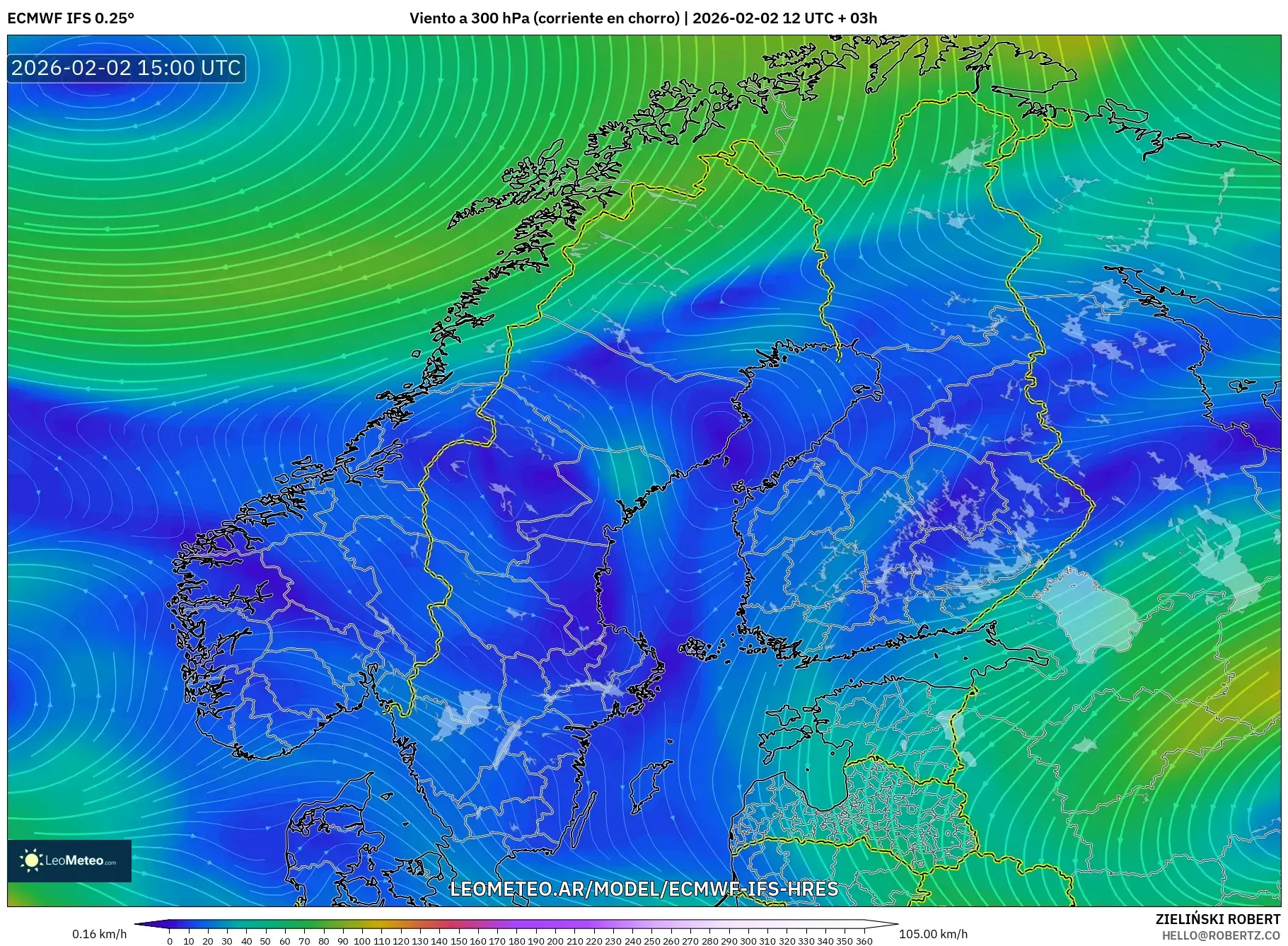 ECMWF IFS 0.25° model - Escandinavia, Viento a 300 hPa (corriente en chorro)