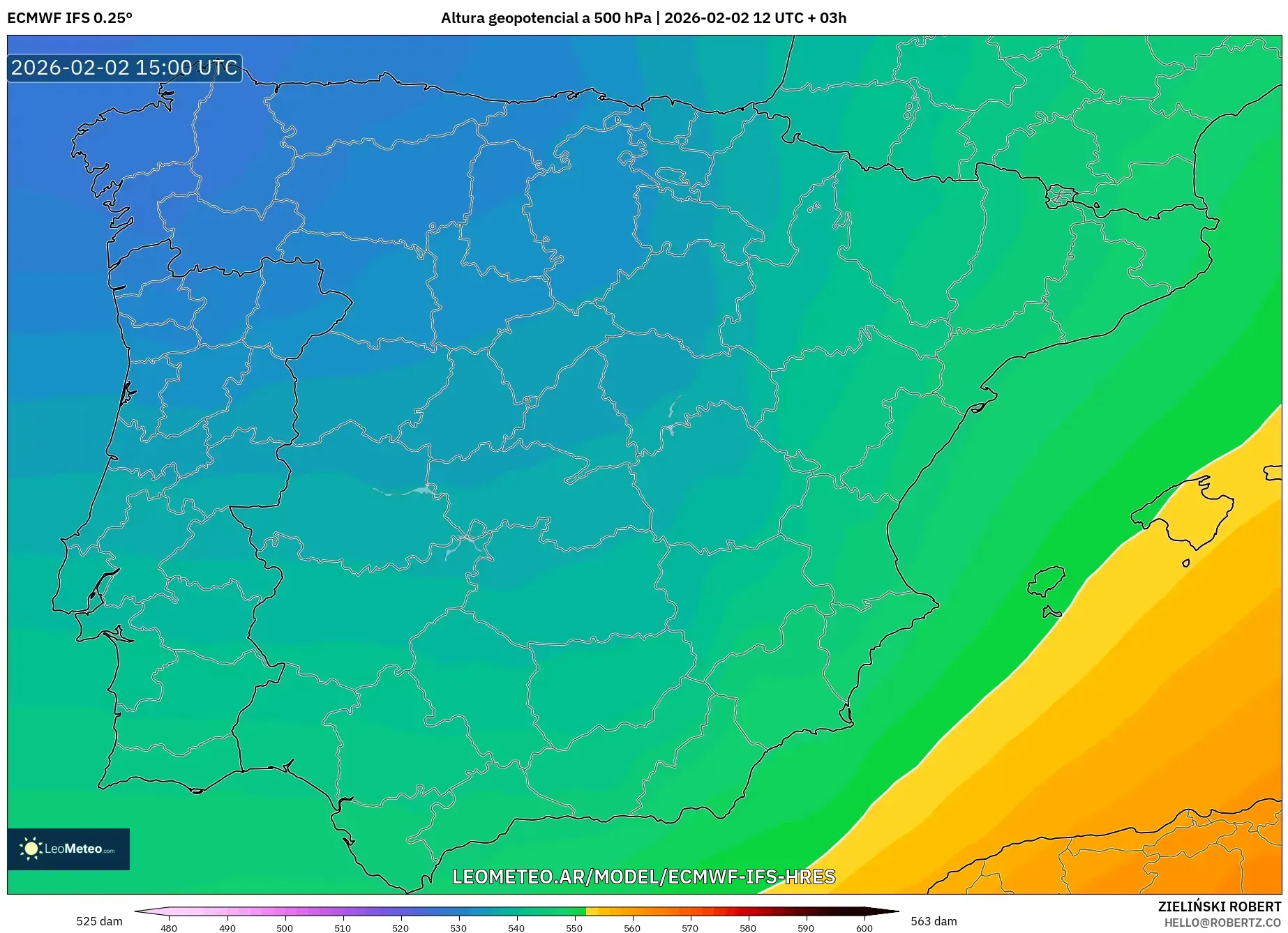 ECMWF IFS 0.25° model - España, Altura geopotencial a 500 hPa