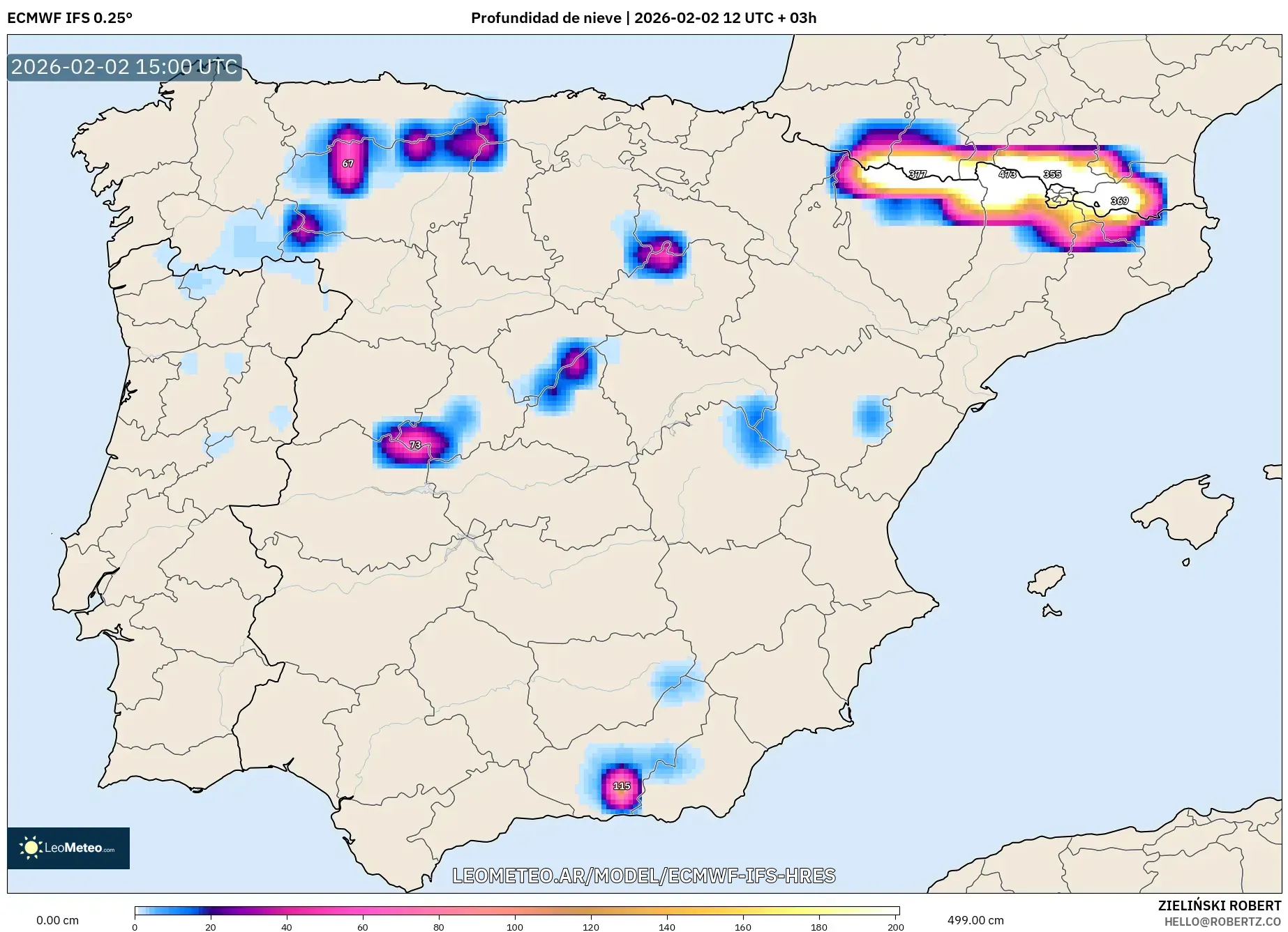 ECMWF IFS 0.25° model - España, Profundidad de nieve