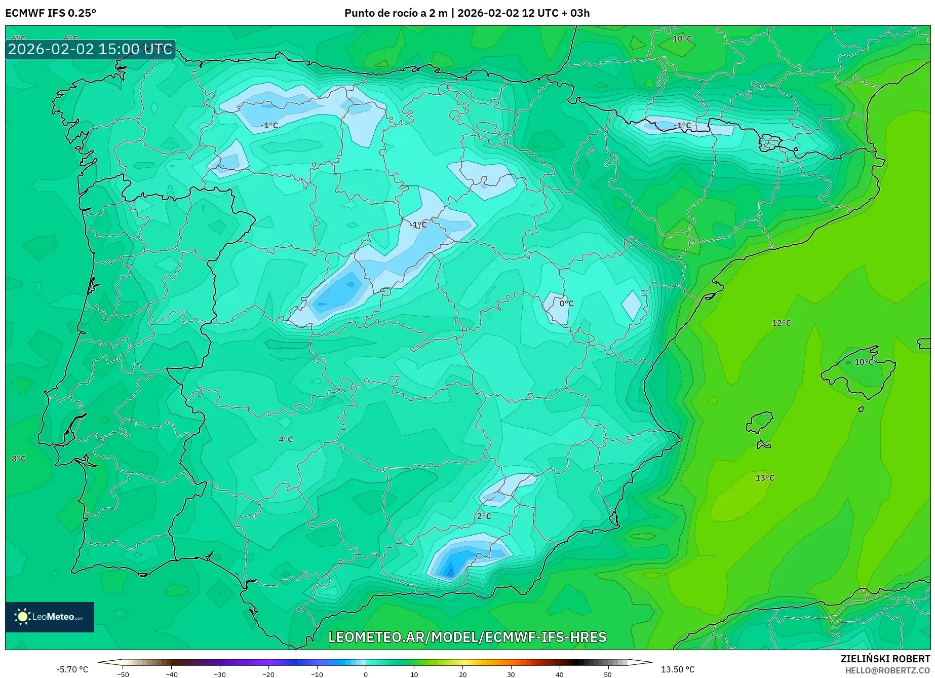 ECMWF IFS 0.25° model - España, Punto de rocío a 2 m