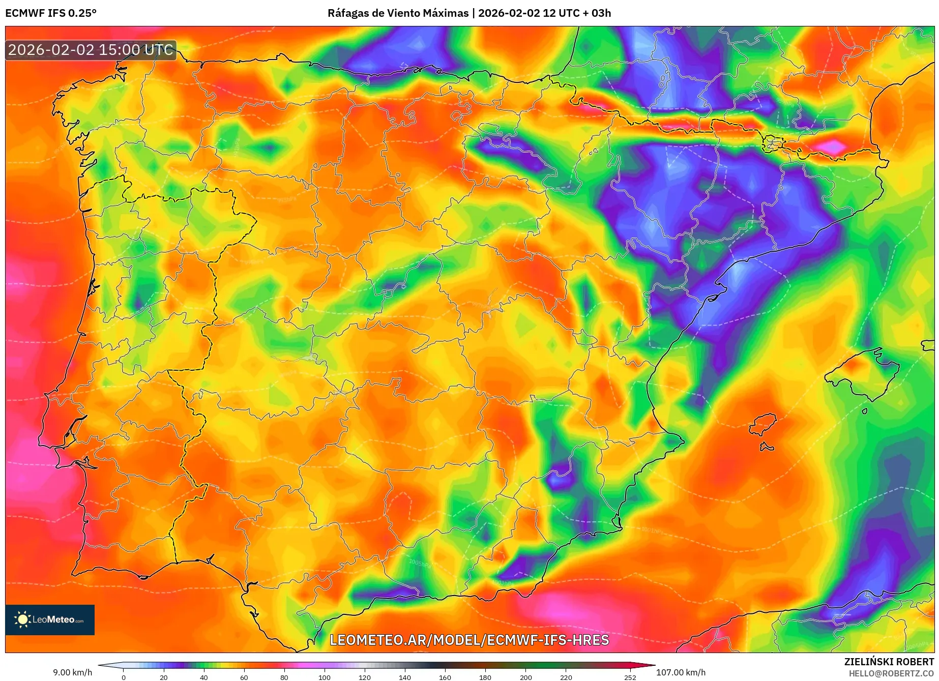 ECMWF IFS 0.25° model - España, Ráfagas de Viento Máximas