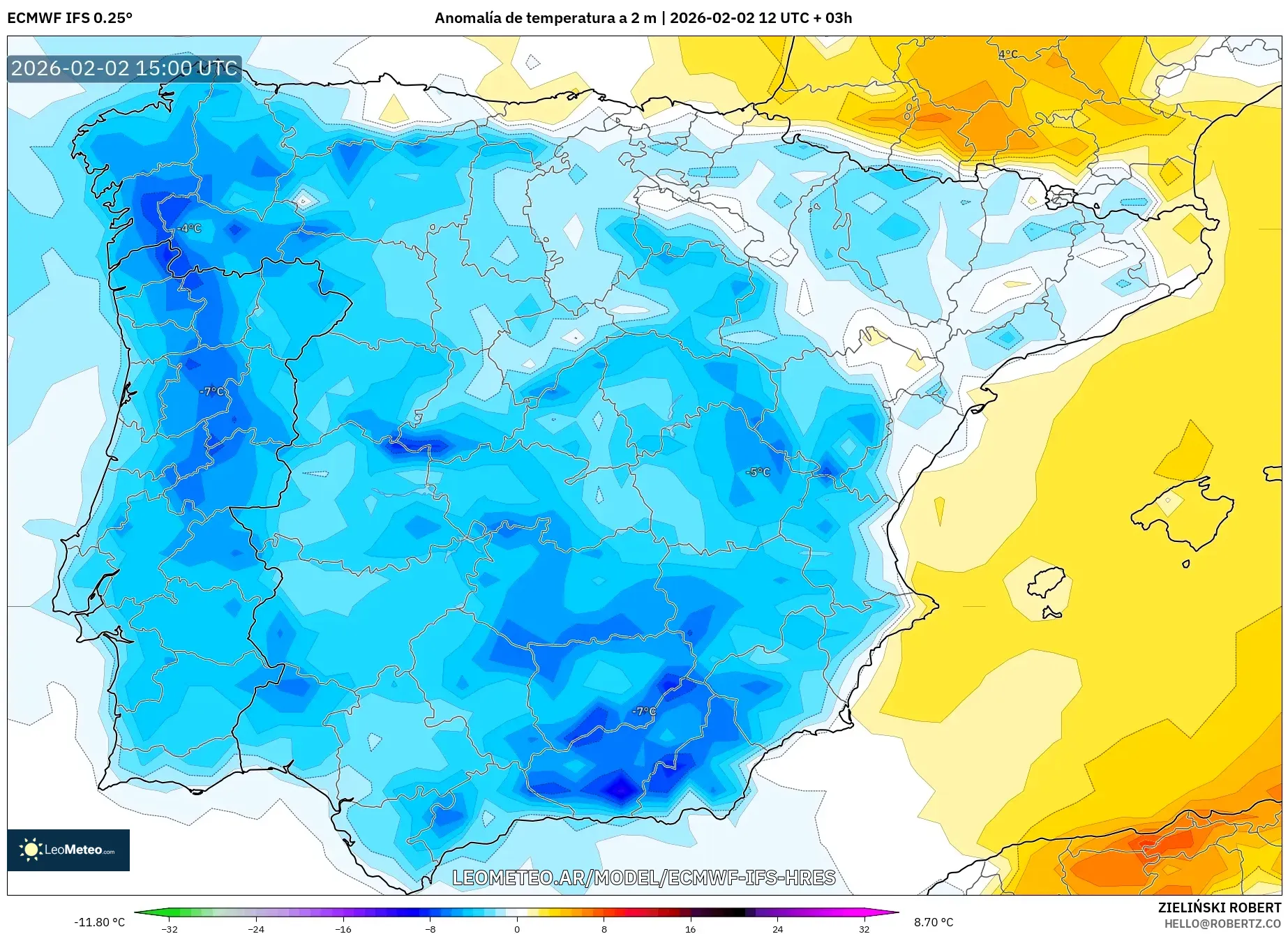 ECMWF IFS 0.25° model - España, Anomalía de temperatura a 2 m