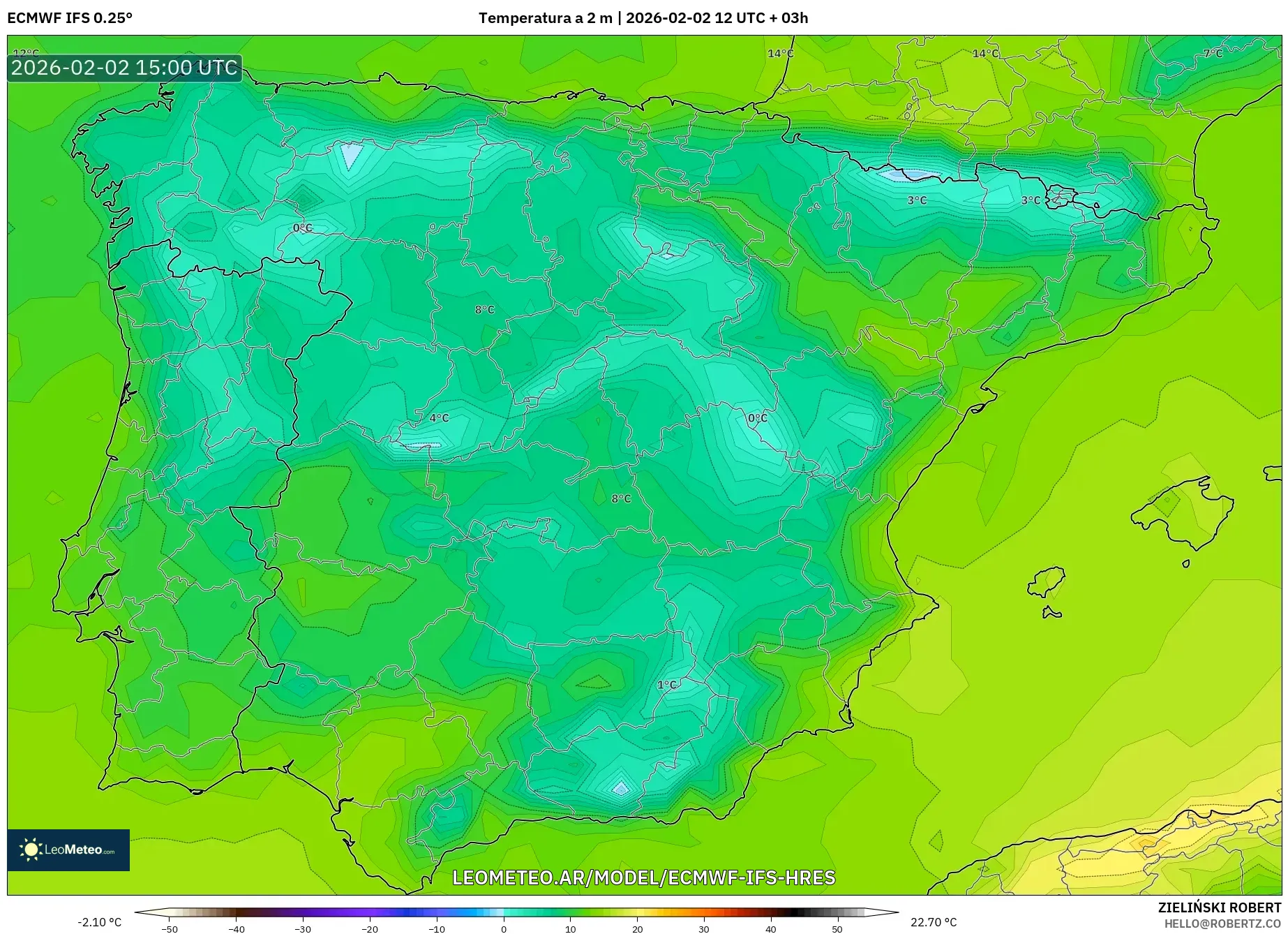 ECMWF IFS 0.25° model - España, Temperatura a 2 m