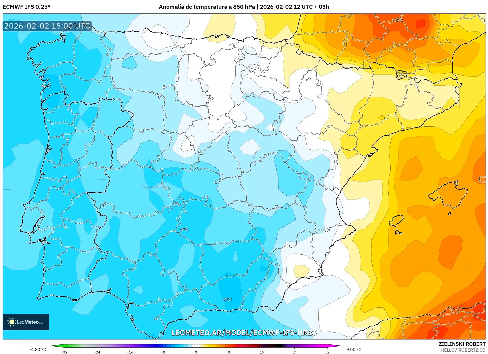 ECMWF IFS 0.25° model - España, Anomalía de temperatura a 850 hPa