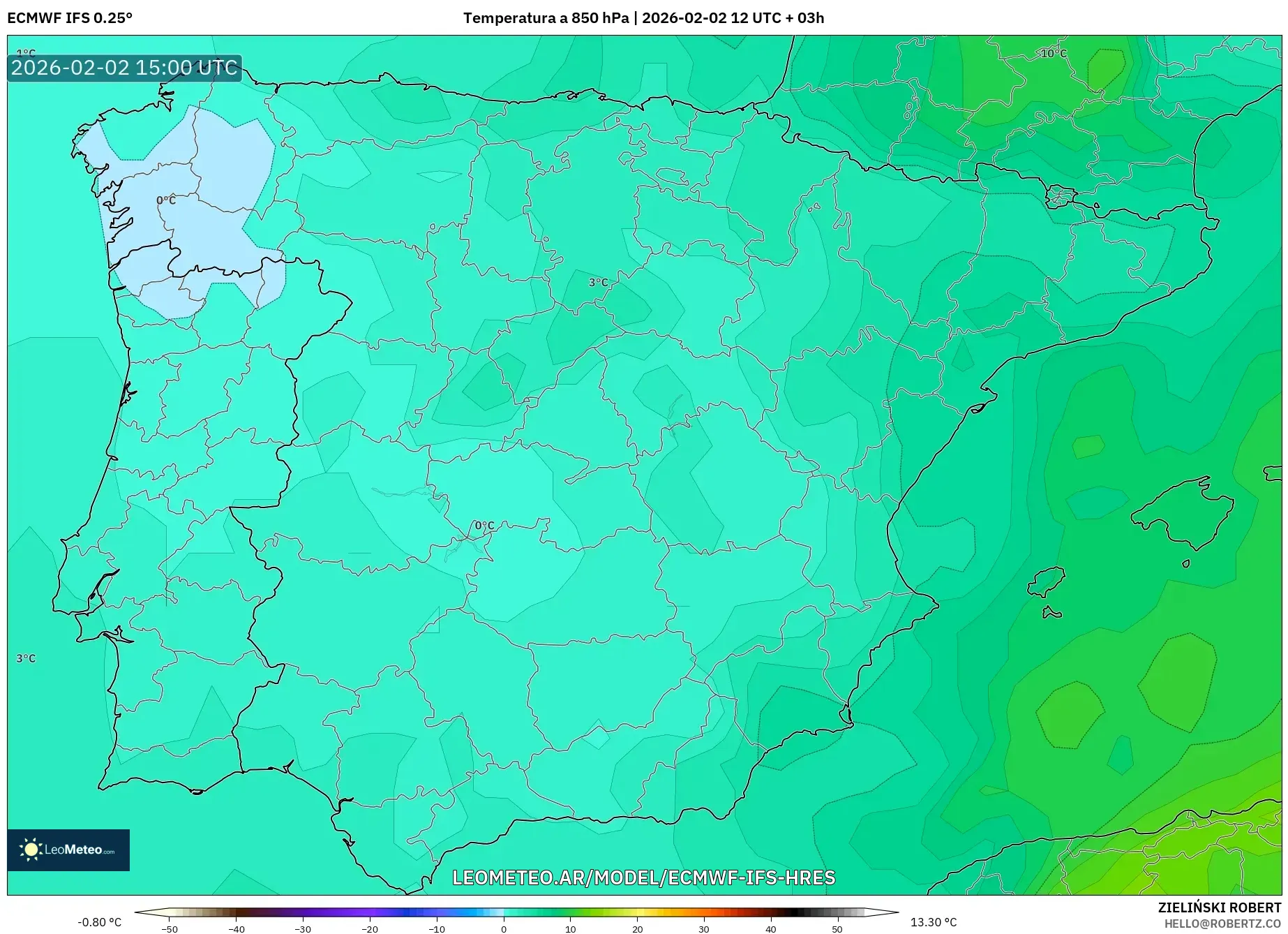 ECMWF IFS 0.25° model - España, Temperatura a 850 hPa