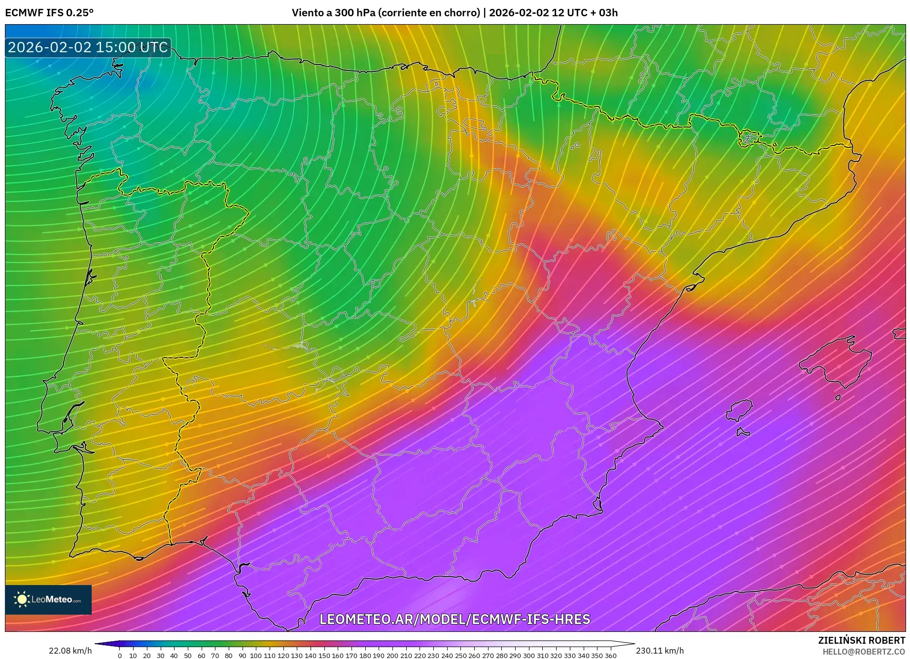 ECMWF IFS 0.25° model - España, Viento a 300 hPa (corriente en chorro)