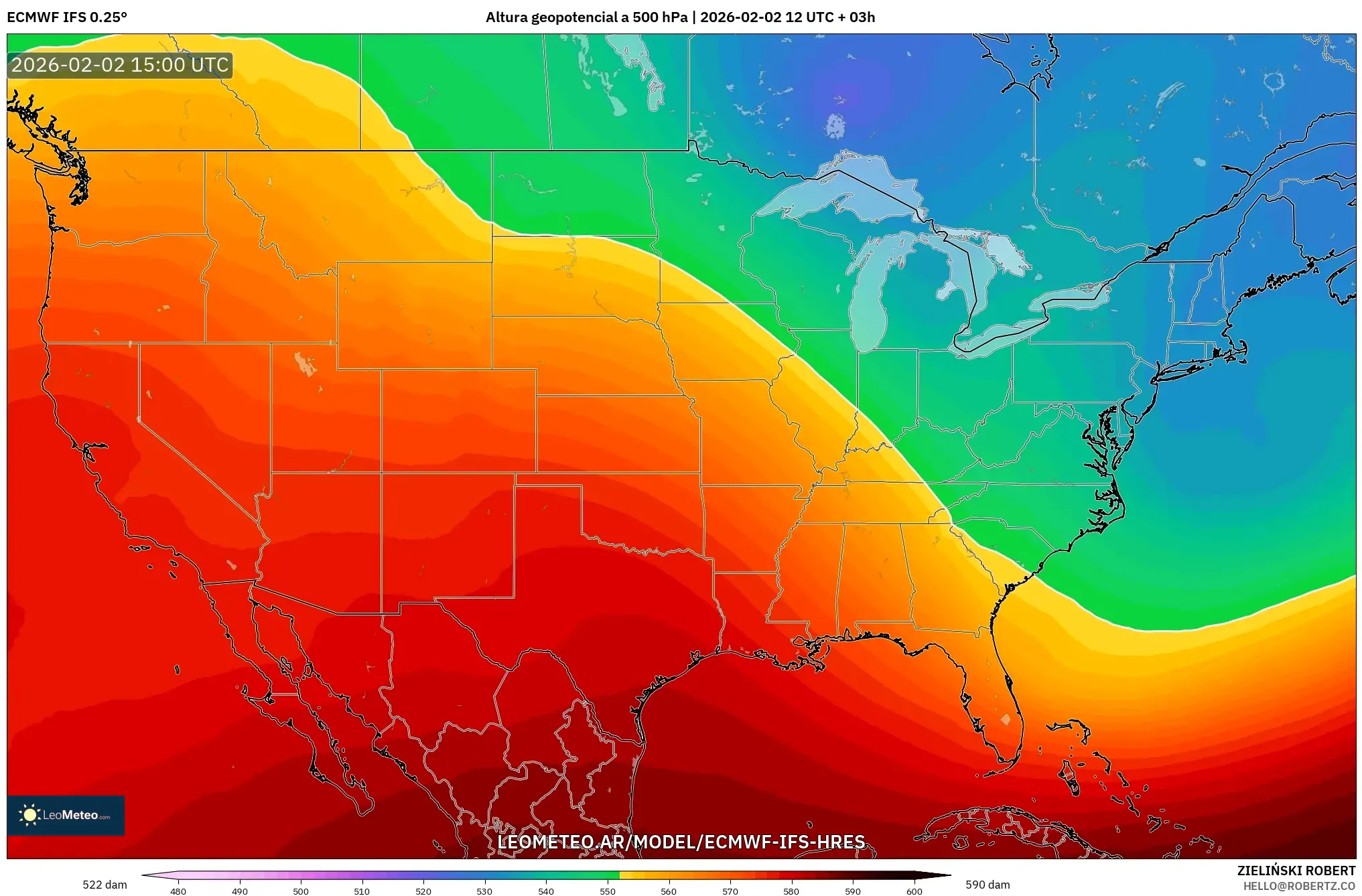ECMWF IFS 0.25° model - Estados Unidos, Altura geopotencial a 500 hPa