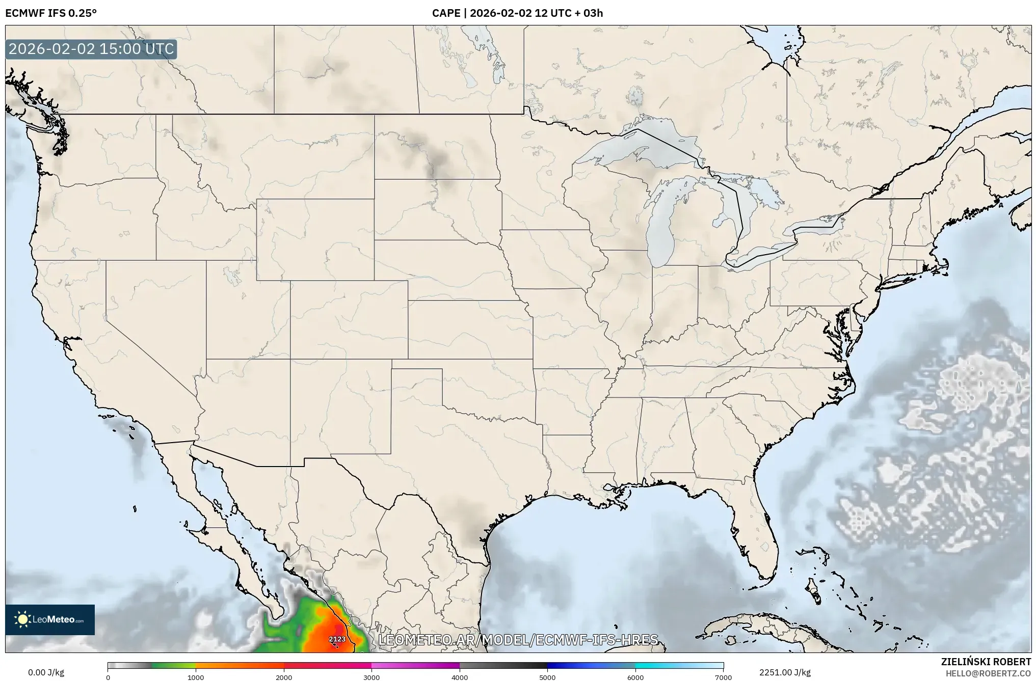 ECMWF IFS 0.25° model - Estados Unidos, CAPE