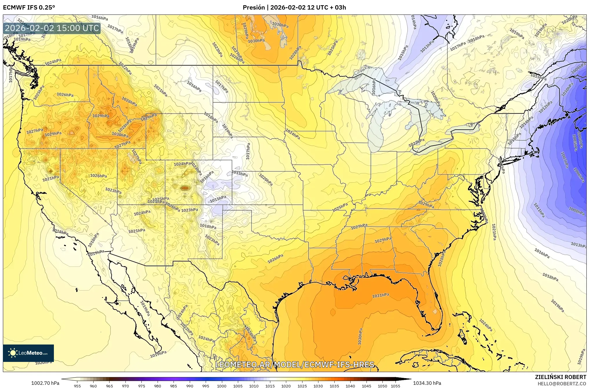 ECMWF IFS 0.25° model - Estados Unidos, Presión