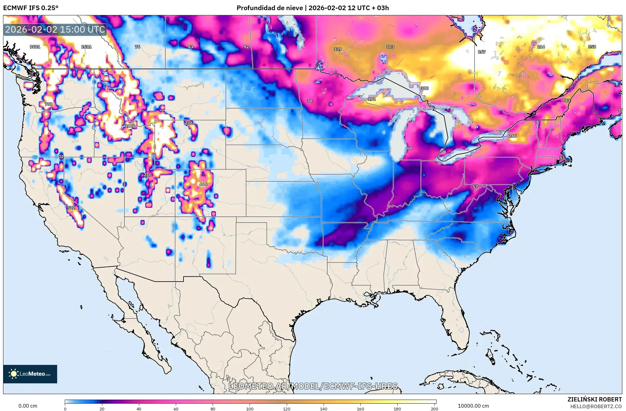 ECMWF IFS 0.25° model - Estados Unidos, Profundidad de nieve