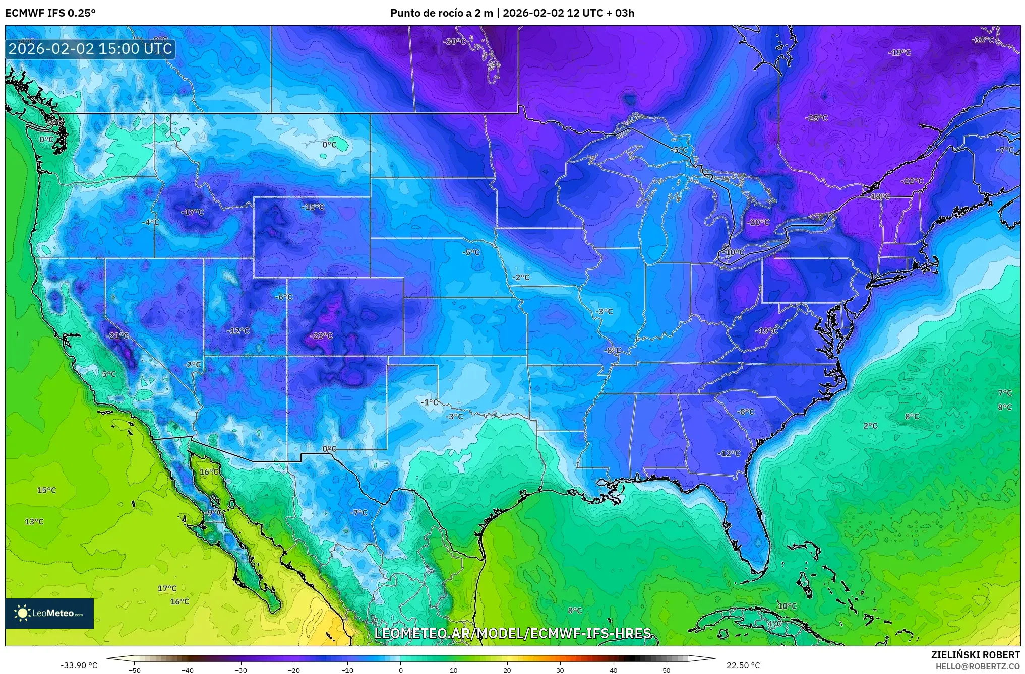 ECMWF IFS 0.25° model - Estados Unidos, Punto de rocío a 2 m