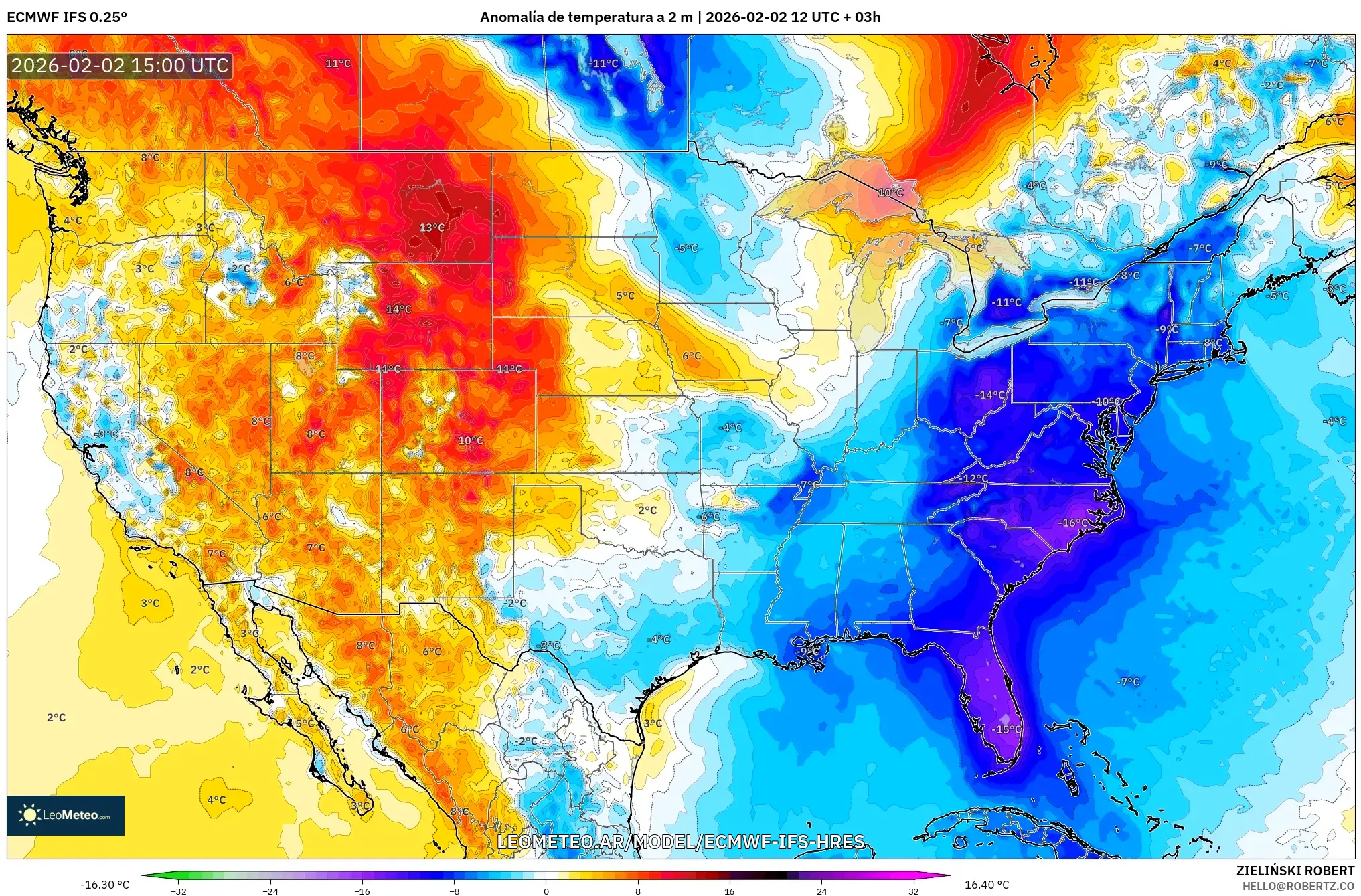 ECMWF IFS 0.25° model - Estados Unidos, Anomalía de temperatura a 2 m