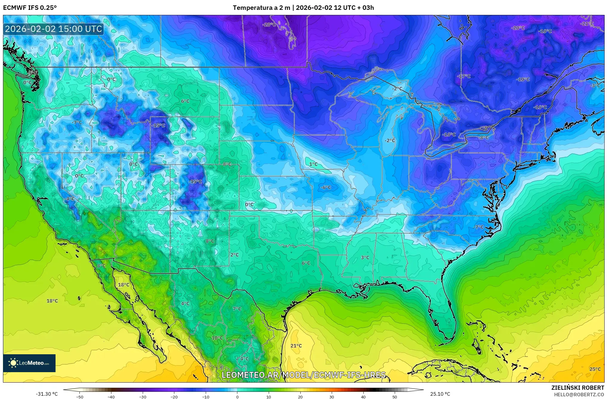 ECMWF IFS 0.25° model - Estados Unidos, Temperatura a 2 m