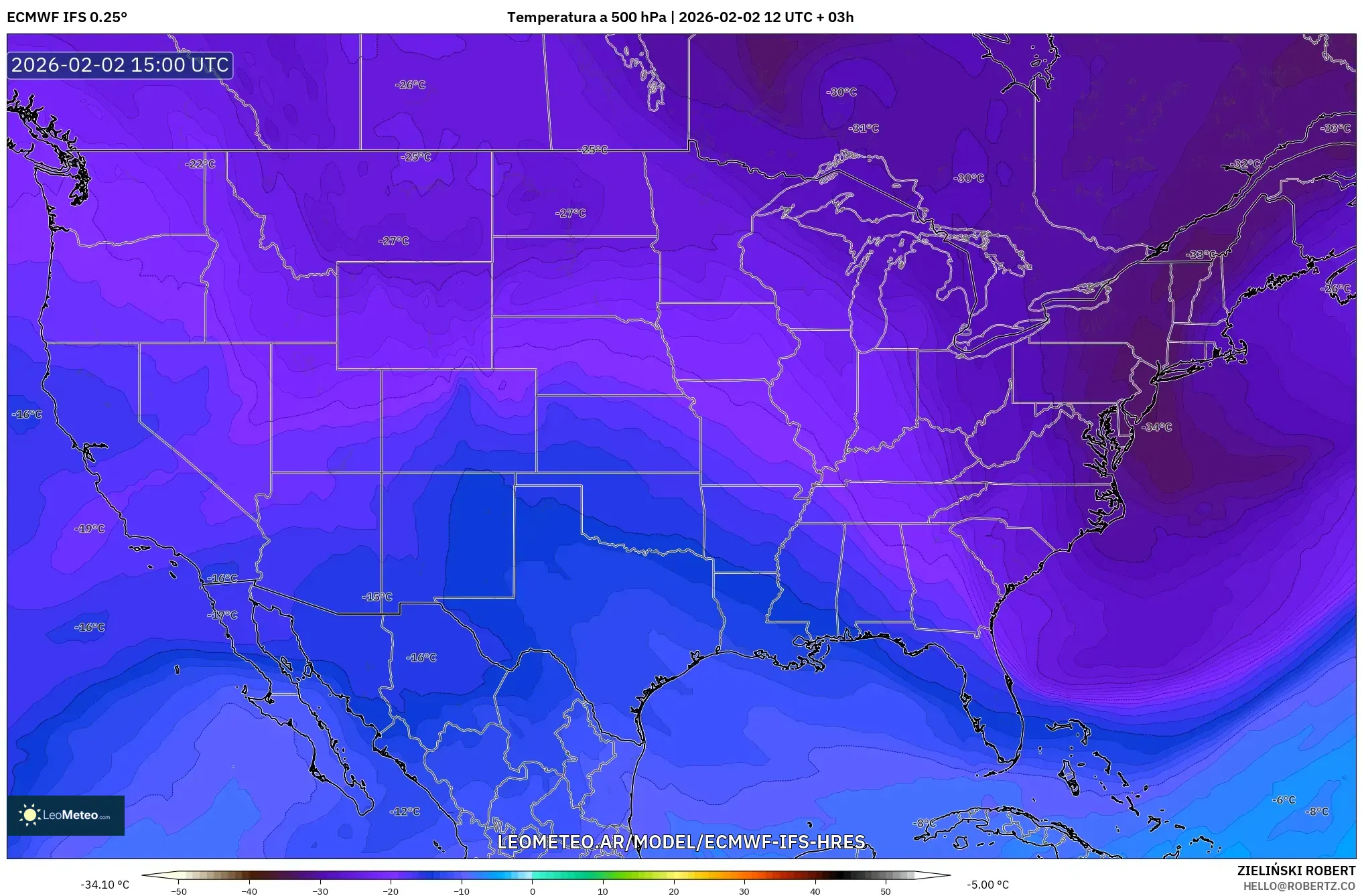 ECMWF IFS 0.25° model - Estados Unidos, Temperatura a 500 hPa