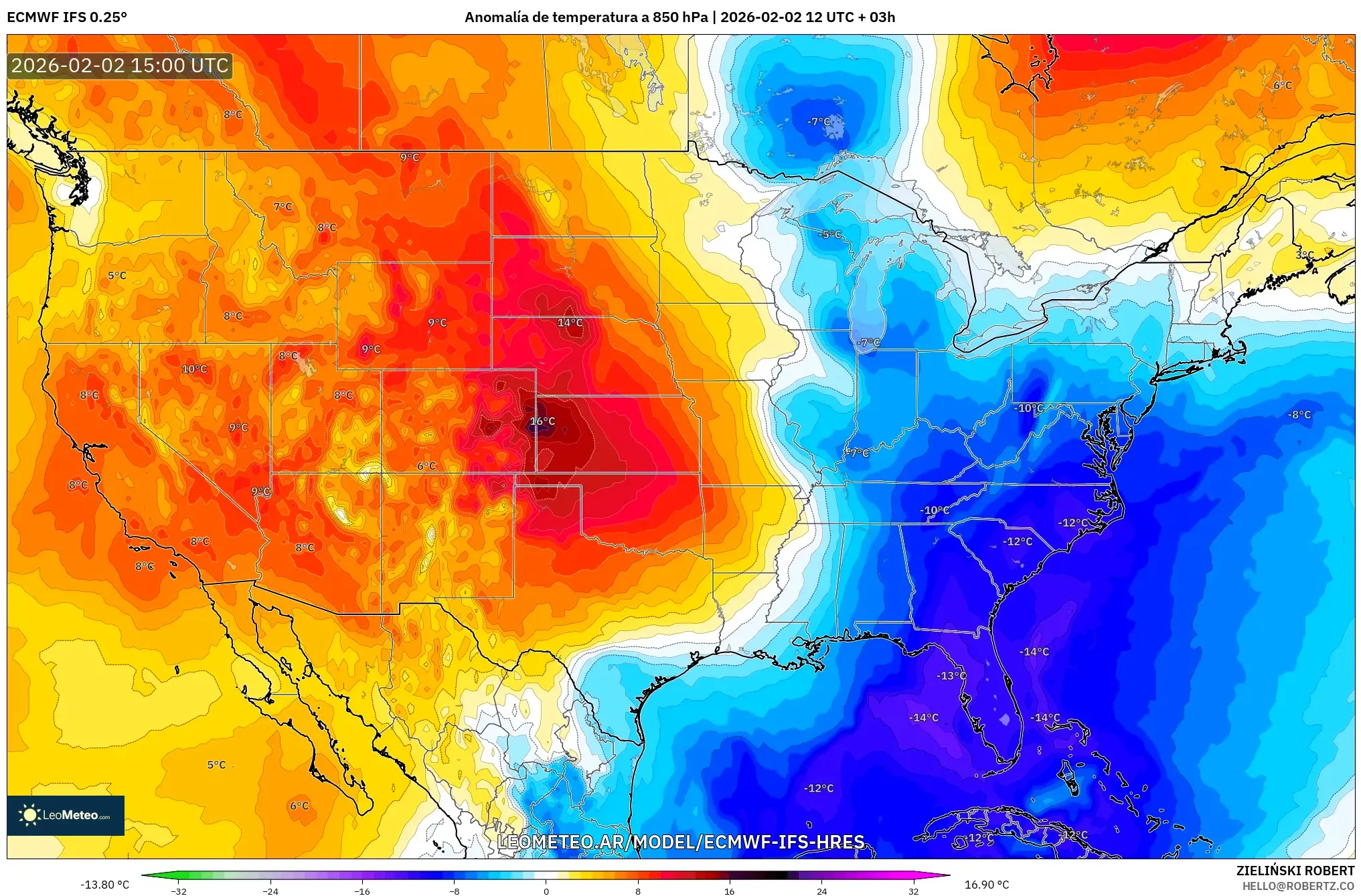 ECMWF IFS 0.25° model - Estados Unidos, Anomalía de temperatura a 850 hPa