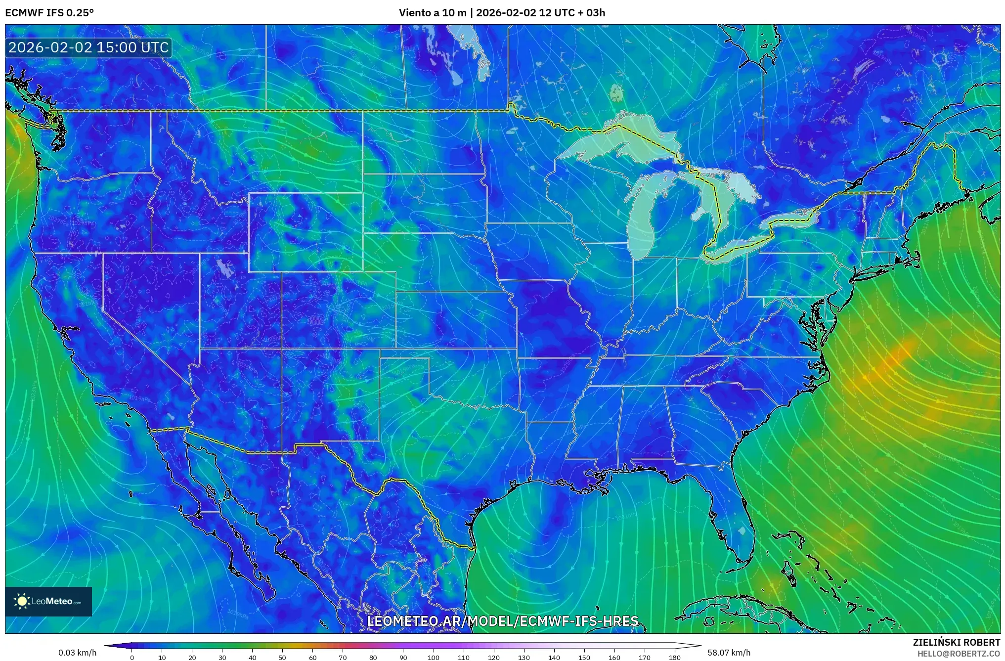 ECMWF IFS 0.25° model - Estados Unidos, Viento a 10 m