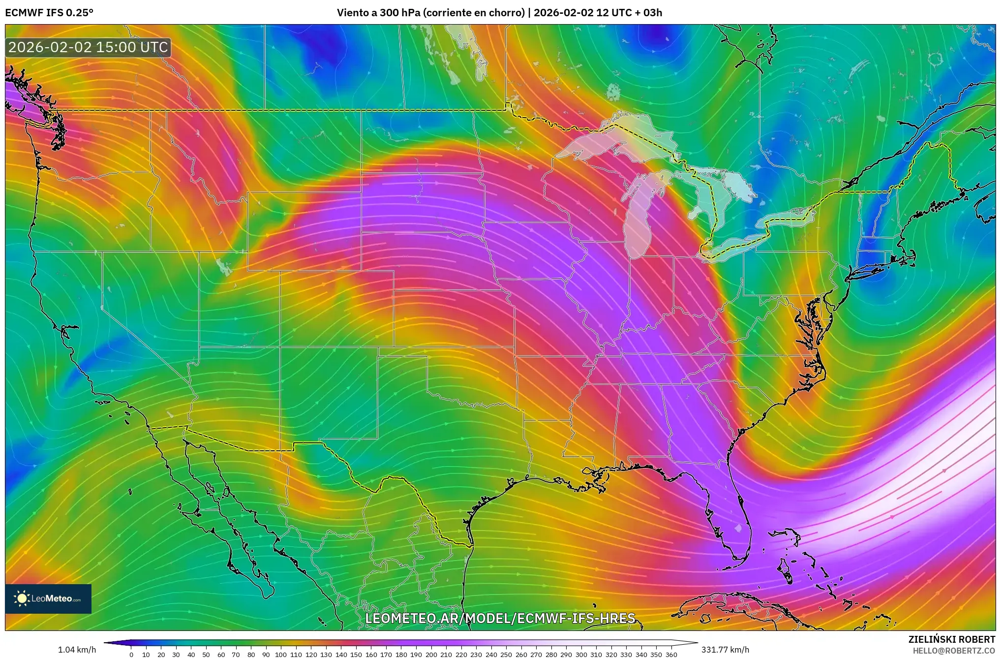ECMWF IFS 0.25° model - Estados Unidos, Viento a 300 hPa (corriente en chorro)