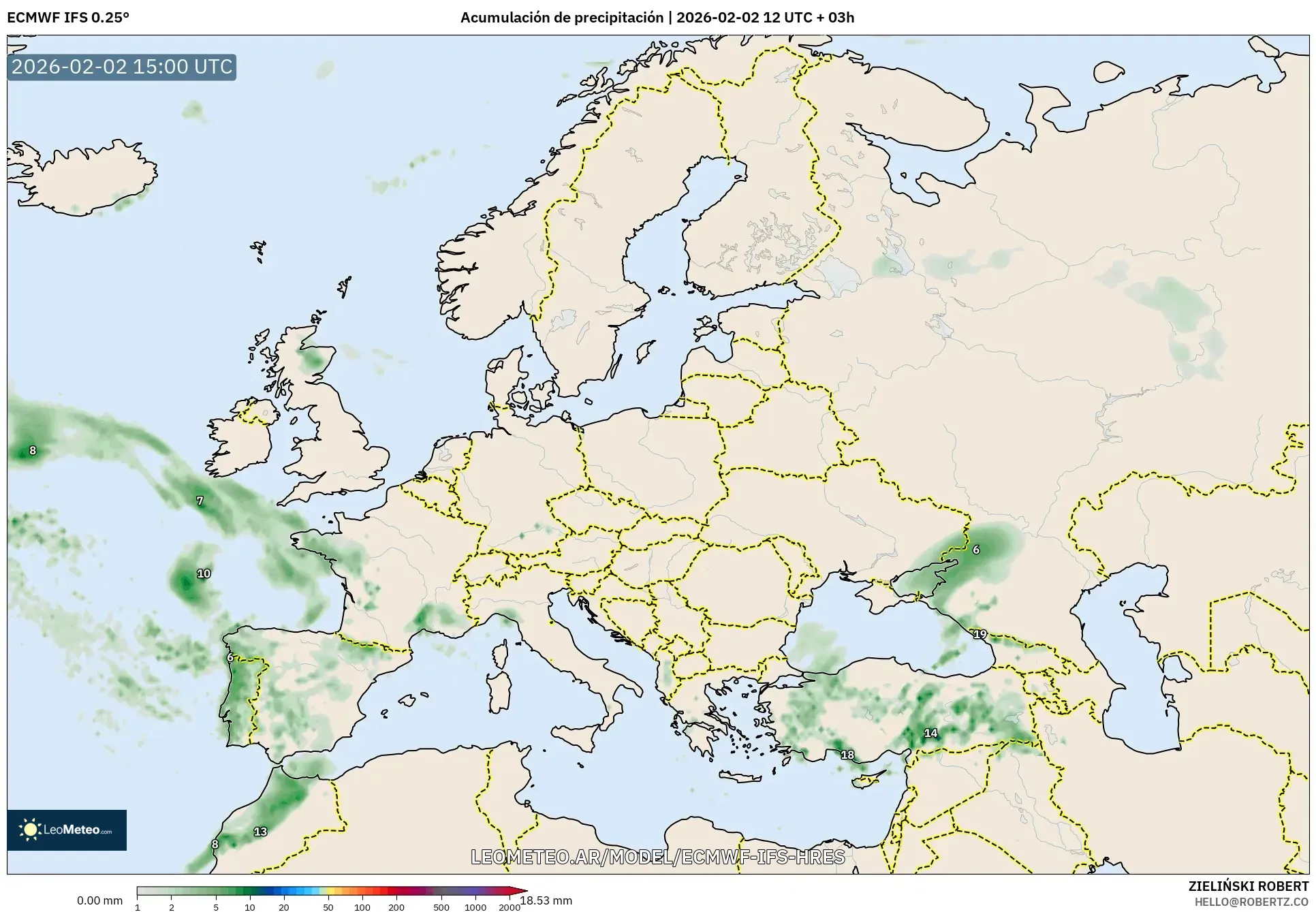 ECMWF IFS 0.25° model - Europa, Acumulación de precipitación