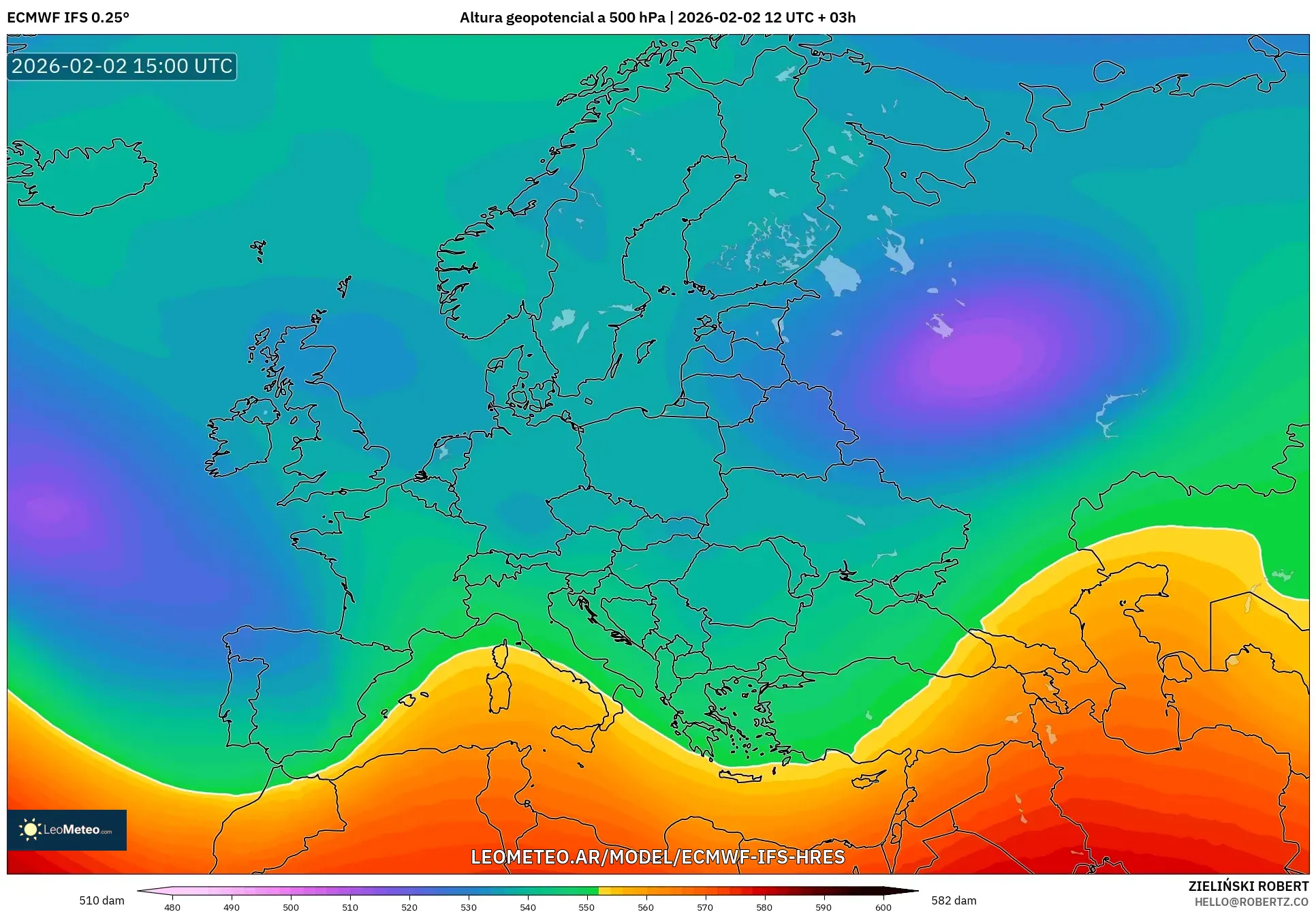 ECMWF IFS 0.25° model - Europa, Altura geopotencial a 500 hPa
