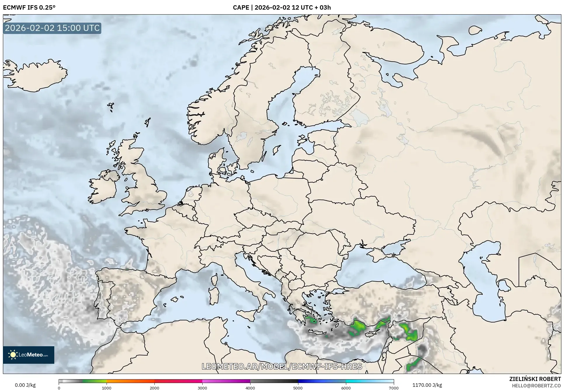 ECMWF IFS 0.25° model - Europa, CAPE