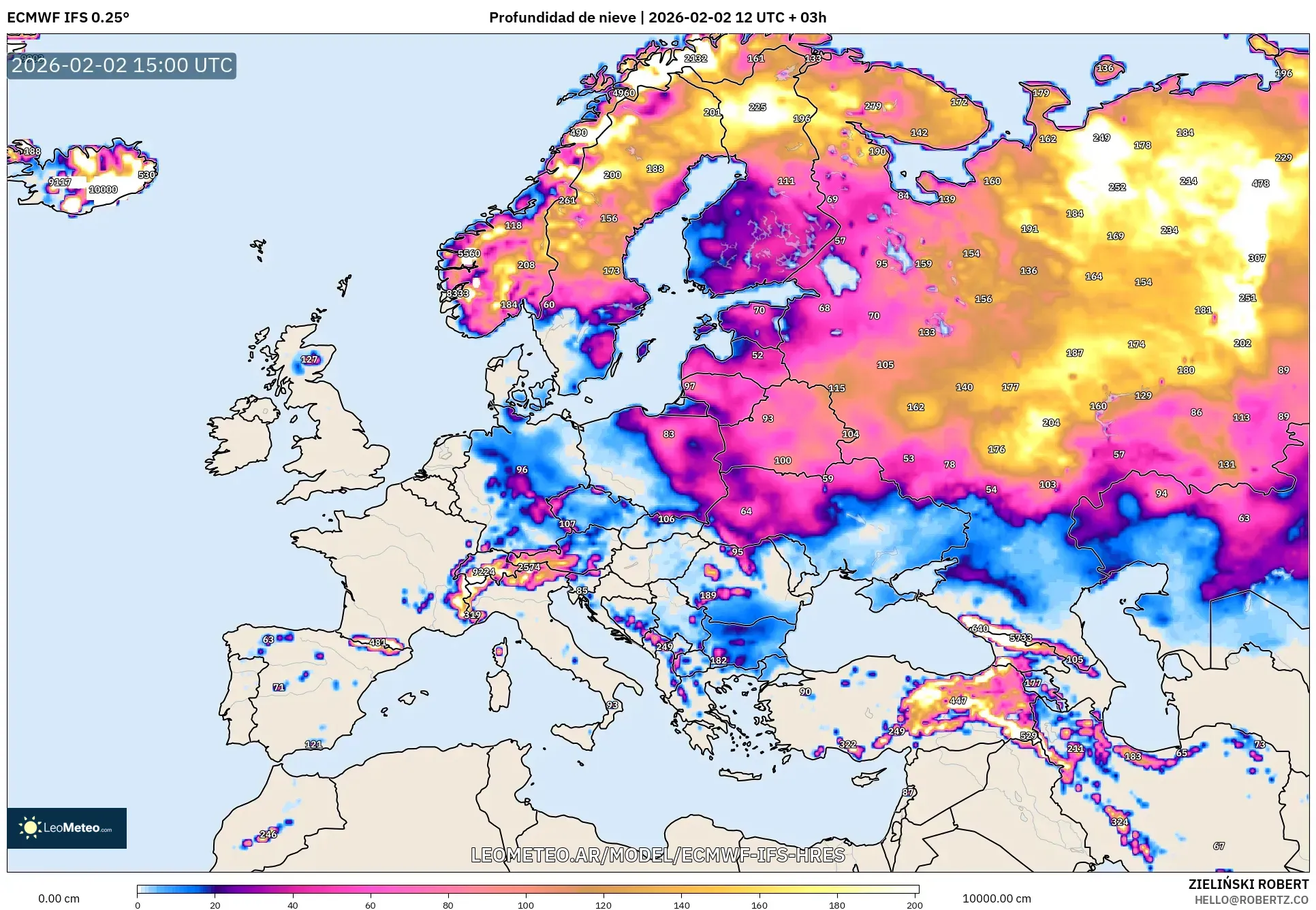 ECMWF IFS 0.25° model - Europa, Profundidad de nieve
