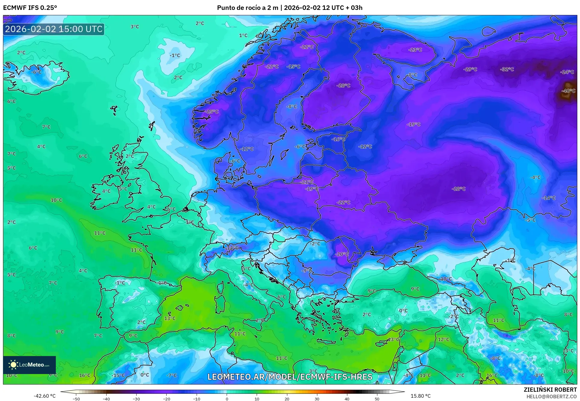 ECMWF IFS 0.25° model - Europa, Punto de rocío a 2 m