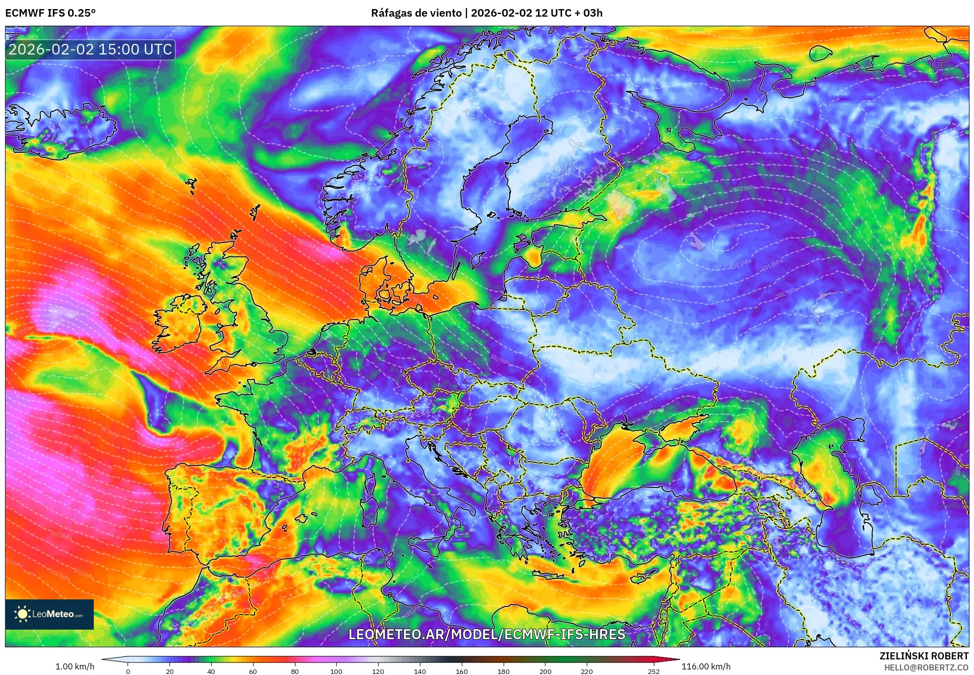 ECMWF IFS 0.25° model - Europa, Ráfagas de viento