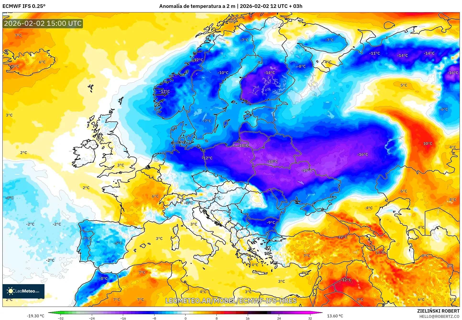 ECMWF IFS 0.25° model - Europa, Anomalía de temperatura a 2 m