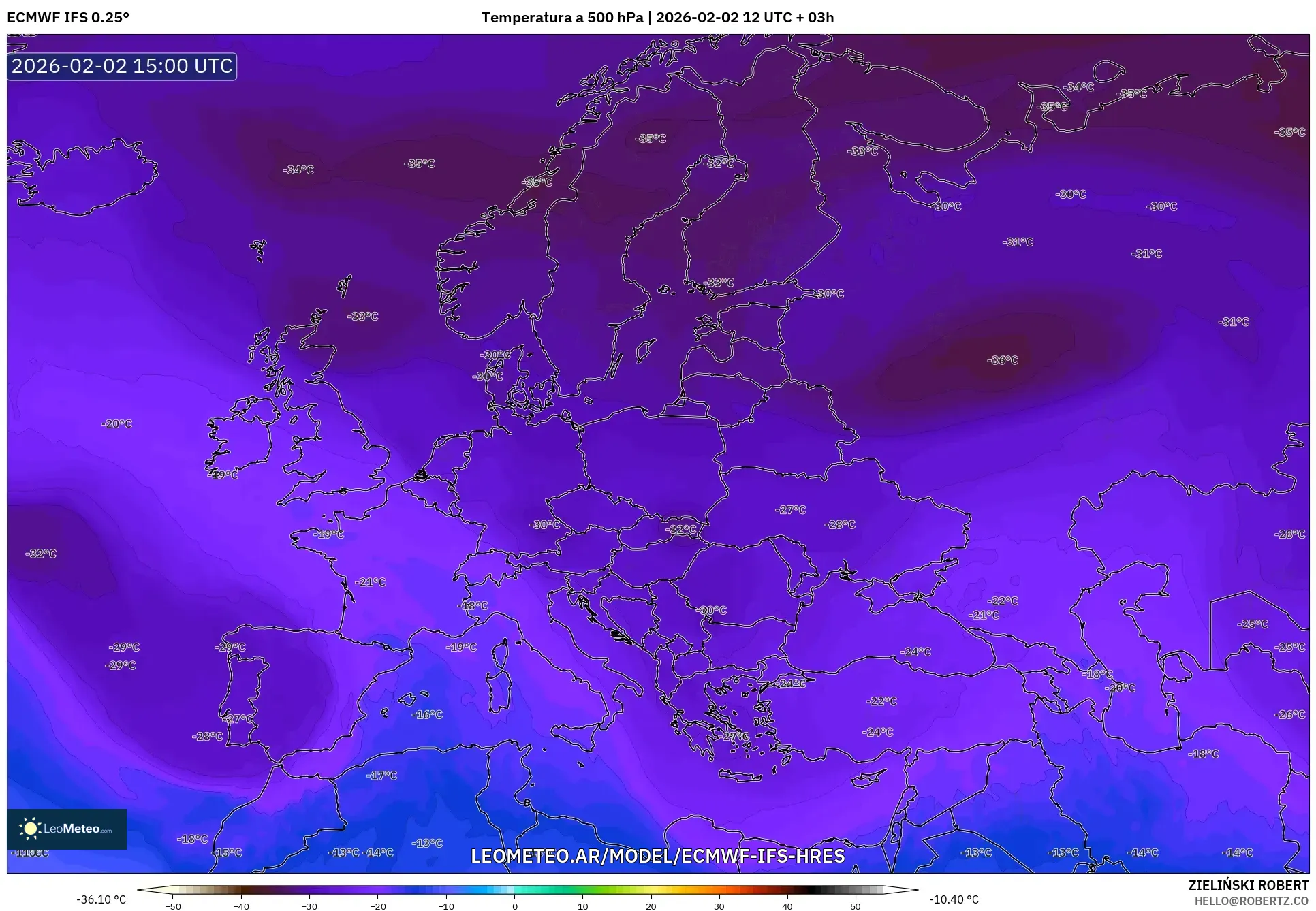 ECMWF IFS 0.25° model - Europa, Temperatura a 500 hPa