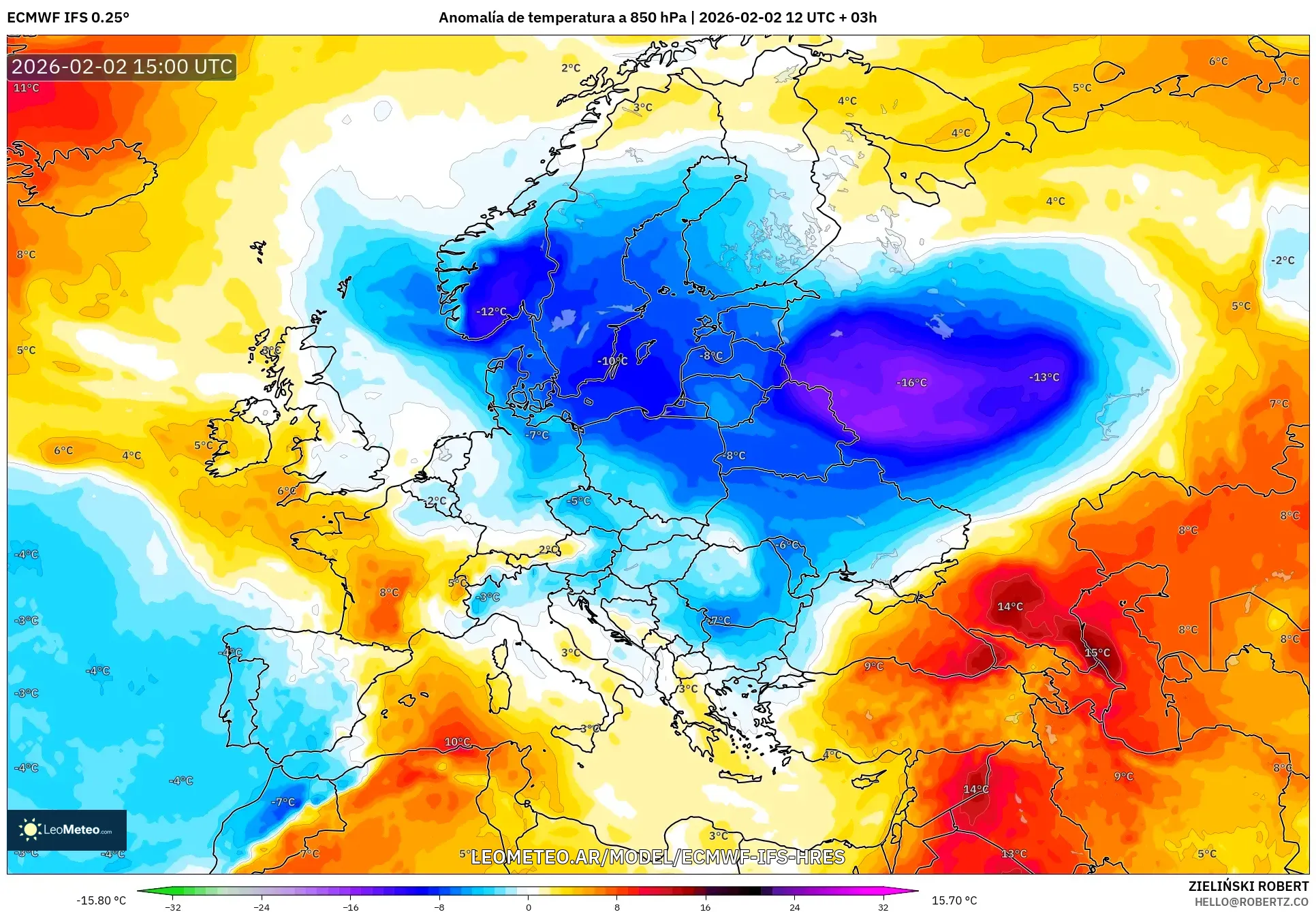 ECMWF IFS 0.25° model - Europa, Anomalía de temperatura a 850 hPa
