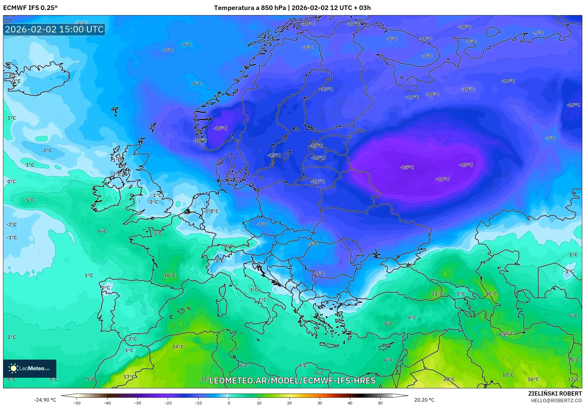 ECMWF IFS 0.25° model - Europa, Temperatura a 850 hPa