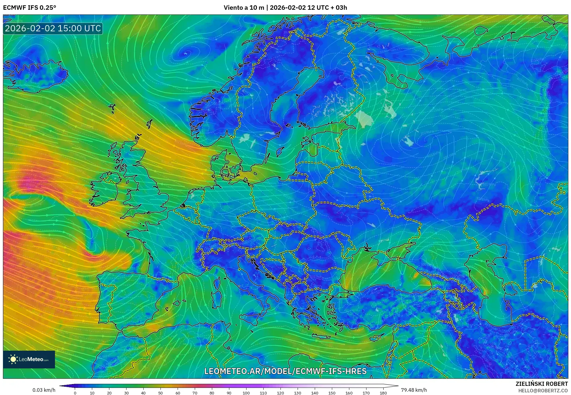 ECMWF IFS 0.25° model - Europa, Viento a 10 m