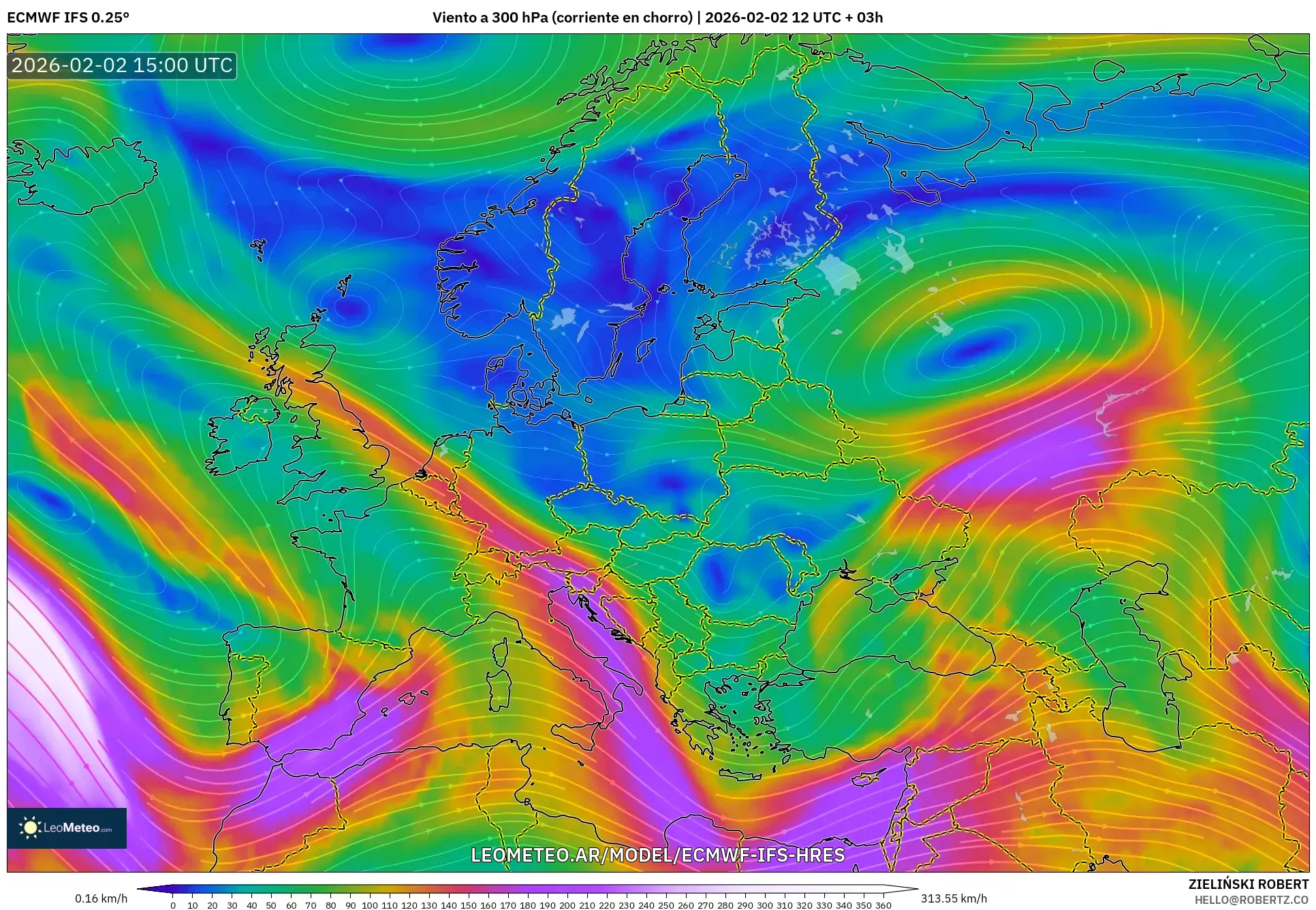 ECMWF IFS 0.25° model - Europa, Viento a 300 hPa (corriente en chorro)