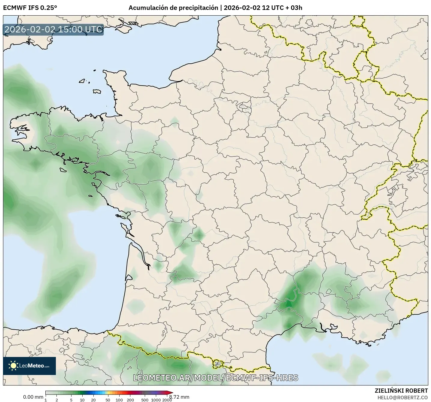 ECMWF IFS 0.25° model - Francia, Acumulación de precipitación